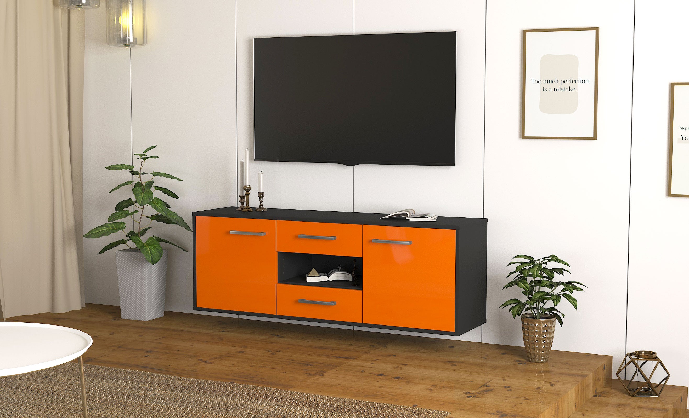 Lowboard - Antonella - Design Hochglanz - Wandmontage mit Griffe 136 cm Anthrazit