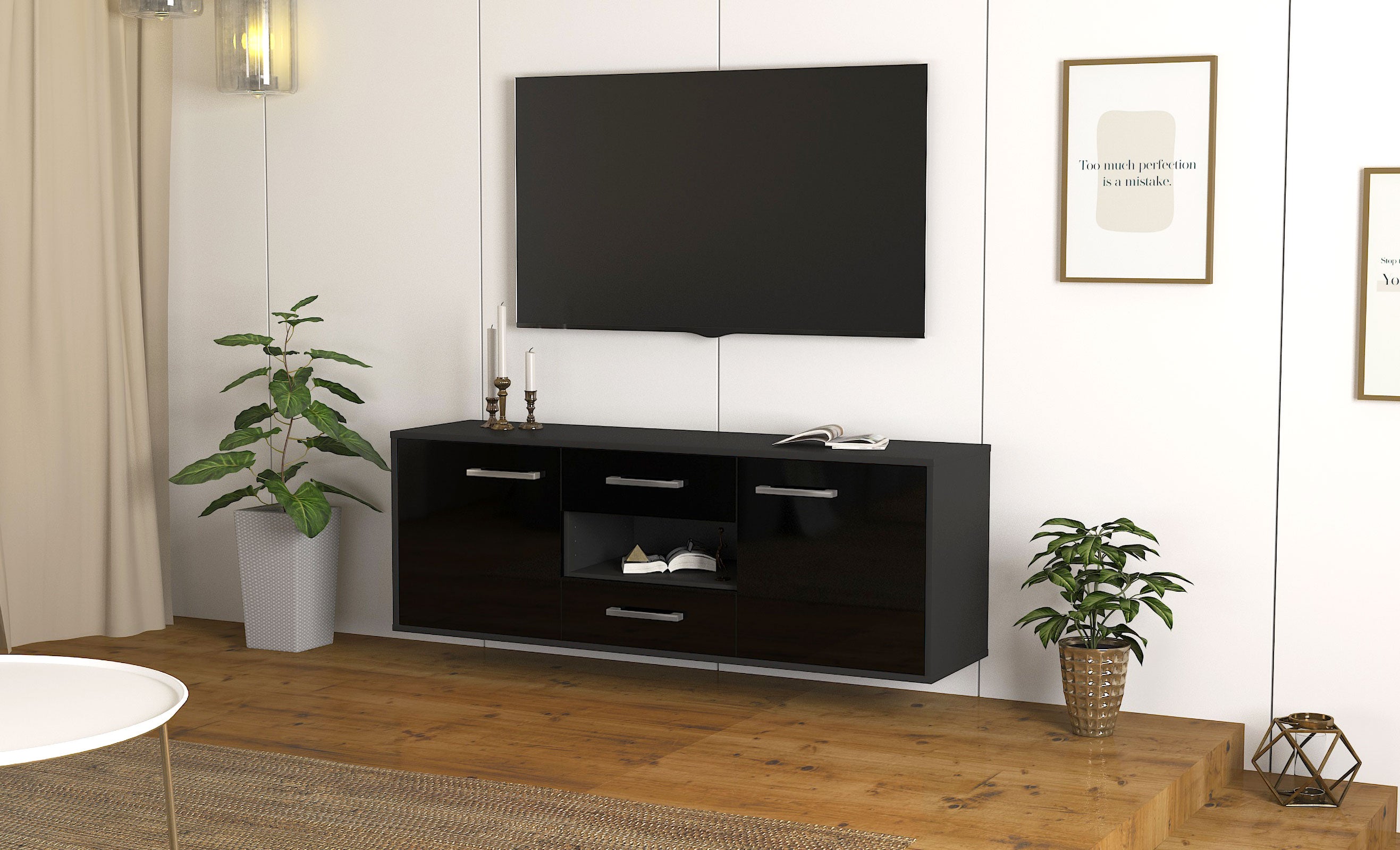 Lowboard - Antonella - Design Hochglanz - Wandmontage mit Griffe 136 cm Anthrazit