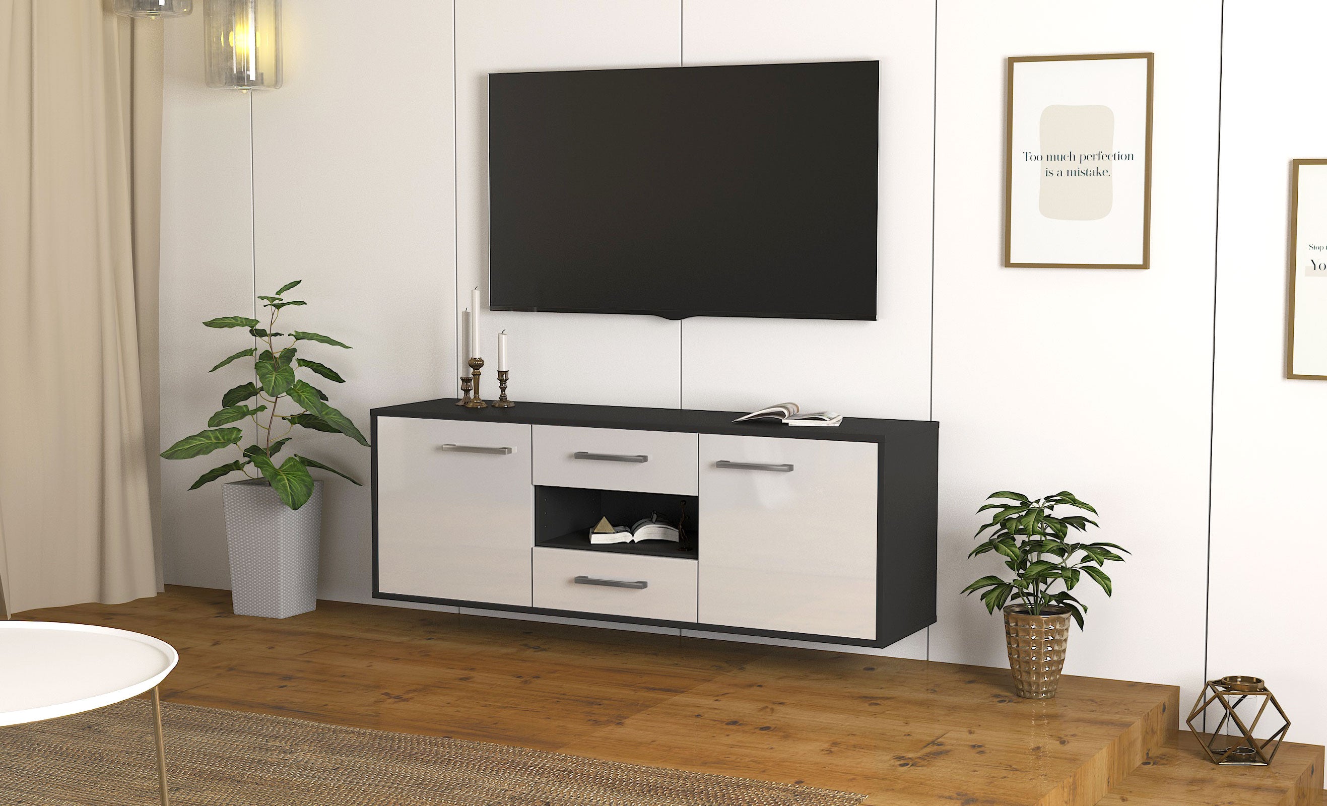Lowboard - Antonella - Design Hochglanz - Wandmontage mit Griffe 136 cm Anthrazit