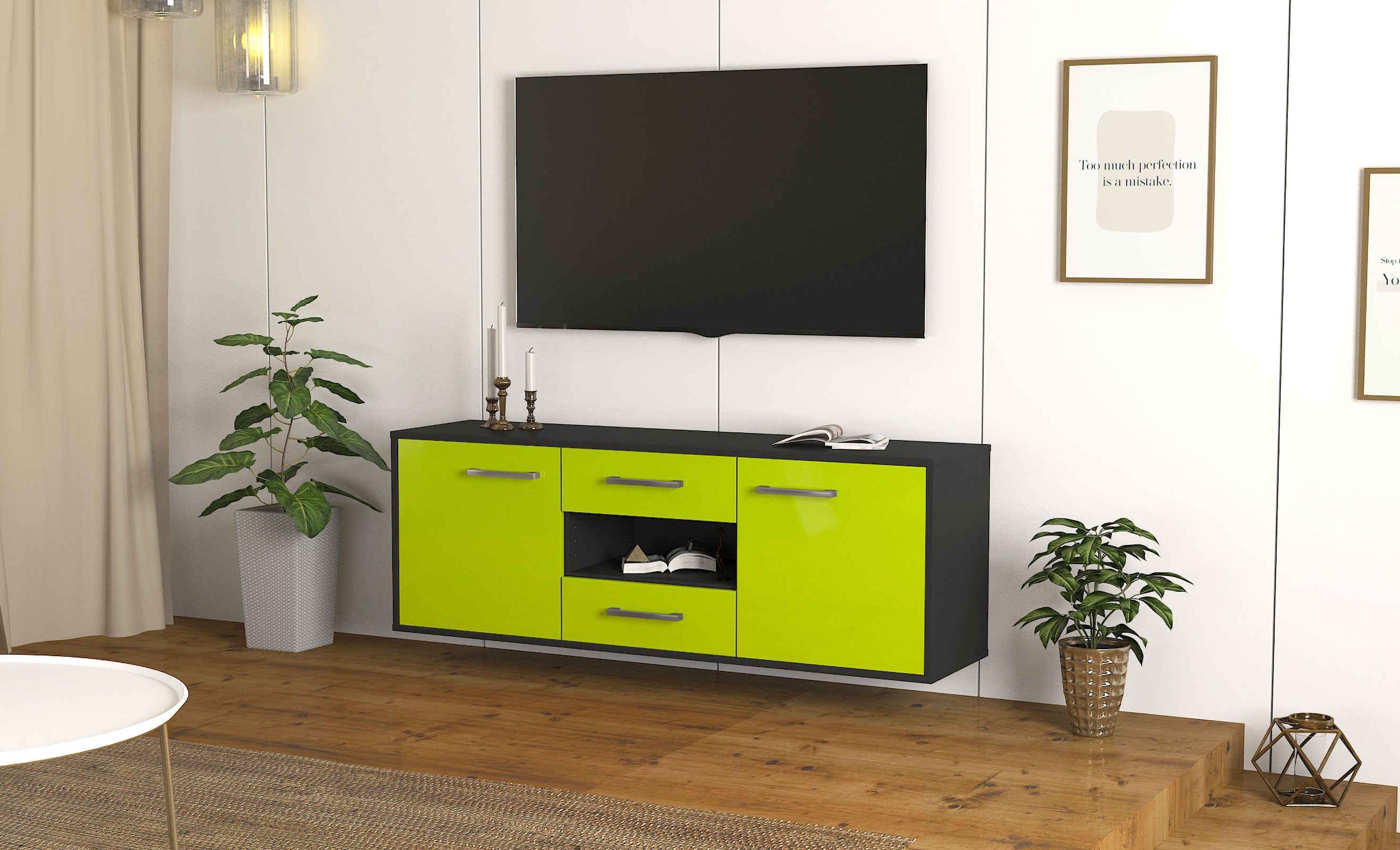 Lowboard - Antonella - Design Hochglanz - Wandmontage mit Griffe 136 cm Anthrazit