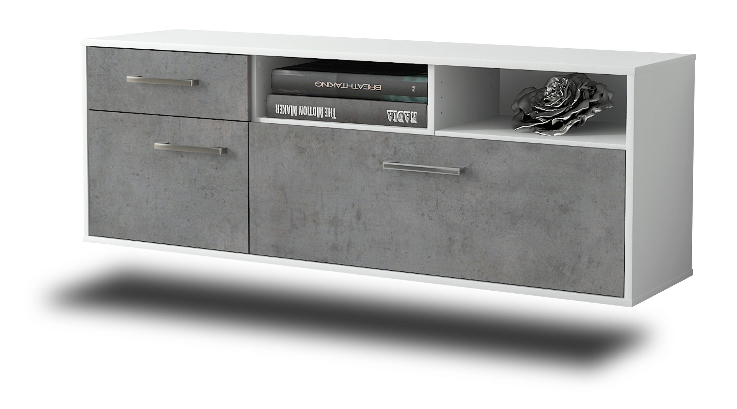 Lowboard - Amisa - Design Industrie Stil - Wandmontage mit Griffe 136 cm Weiss