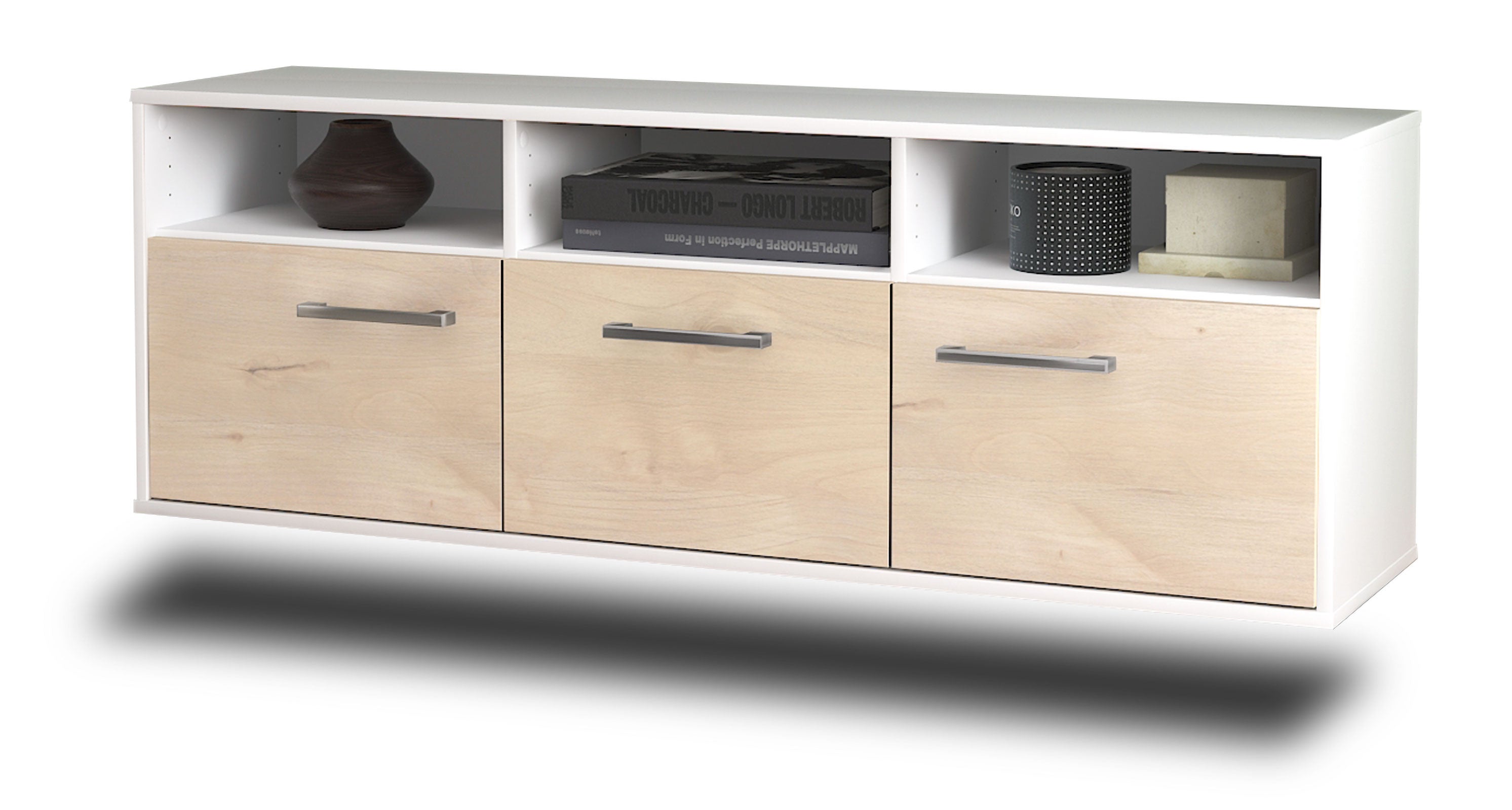 Lowboard - Andrina - Design Holzdekor - Wandmontage mit Griffe 136 cm Weiss
