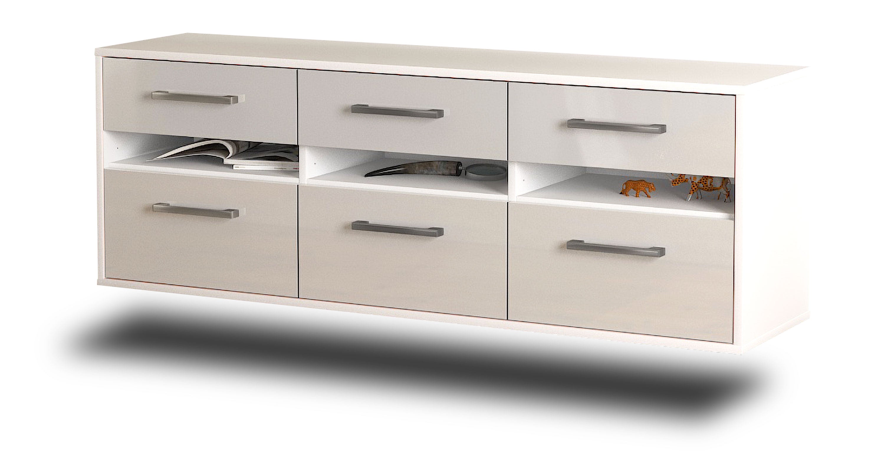 Lowboard - Annalena - Design Hochglanz - Wandmontage mit Griffe 136 cm Weiss