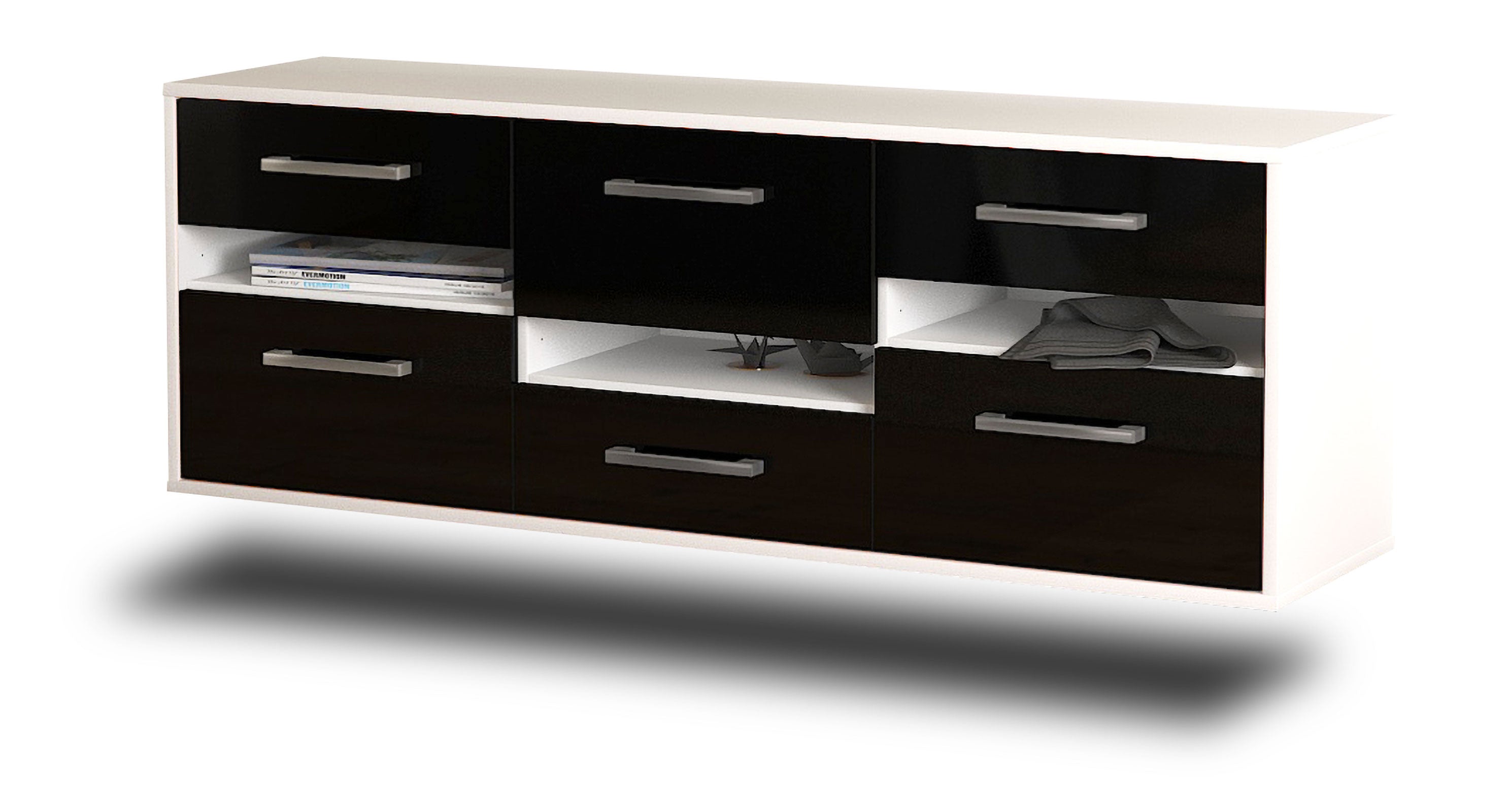 Lowboard - Annalisa - Design Hochglanz - Wandmontage mit Griffe 136 cm Weiss