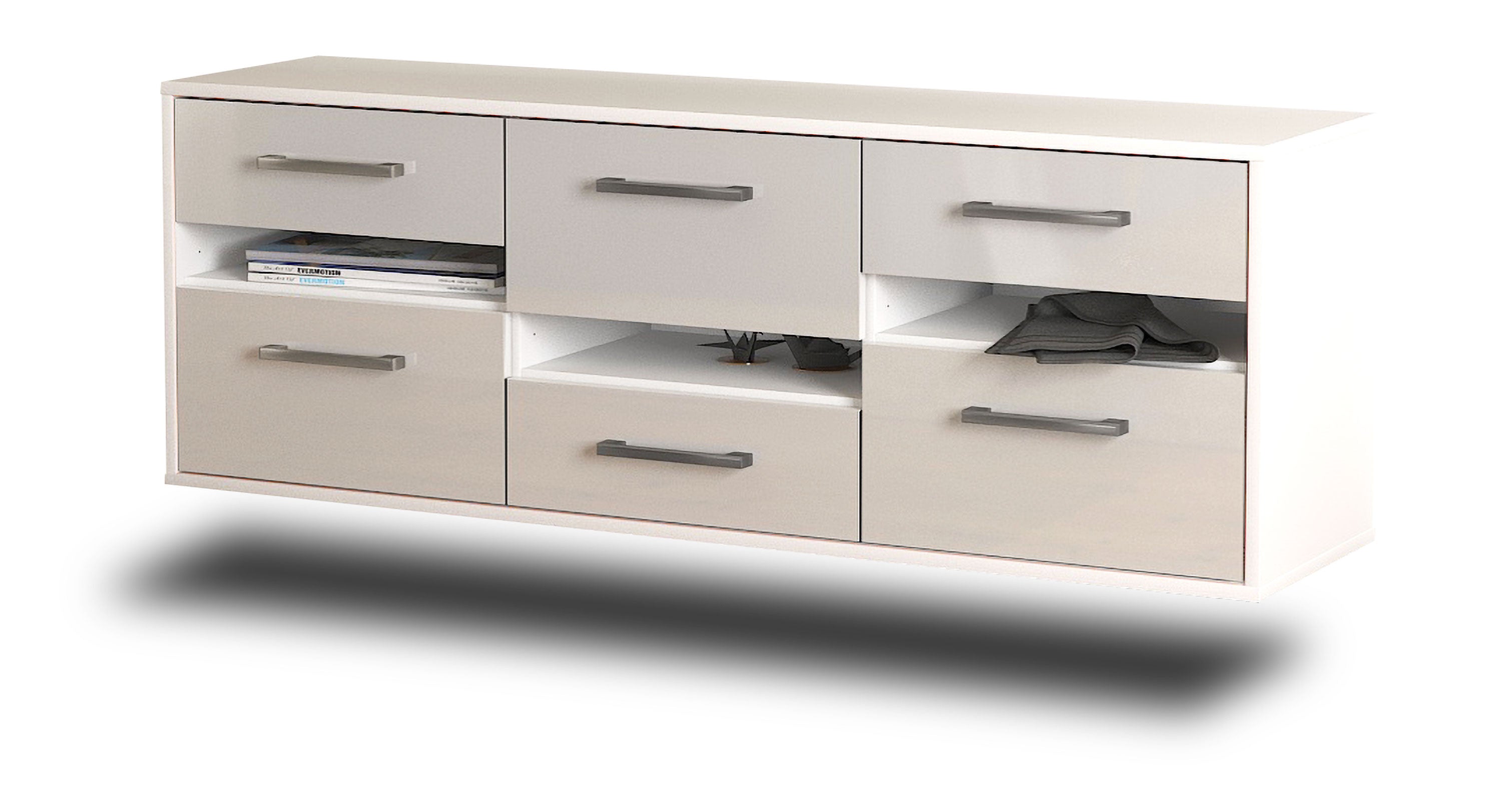 Lowboard - Annalisa - Design Hochglanz - Wandmontage mit Griffe 136 cm Weiss