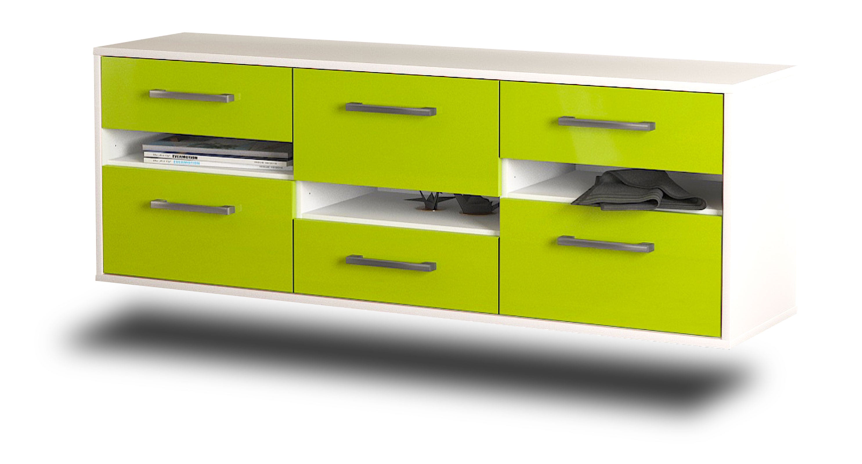 Lowboard - Annalisa - Design Hochglanz - Wandmontage mit Griffe 136 cm Weiss