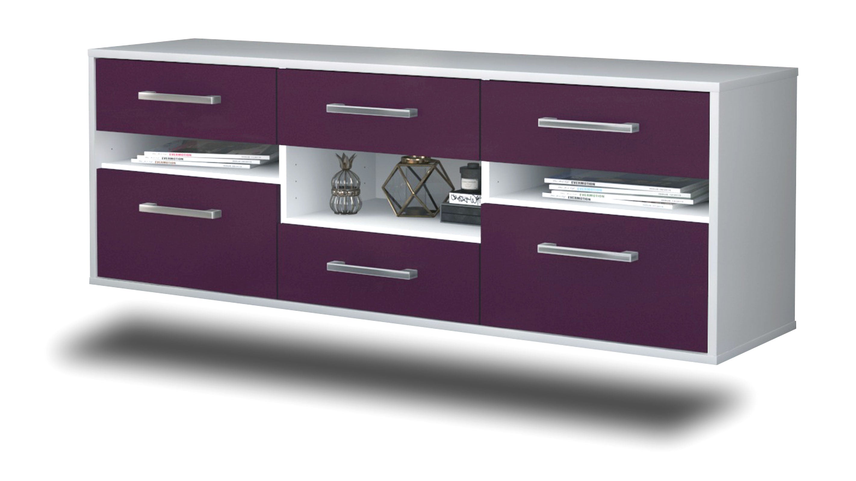 Lowboard - Annamaria - Design Farbakzent - Wandmontage mit Griffe 136 cm Weiss