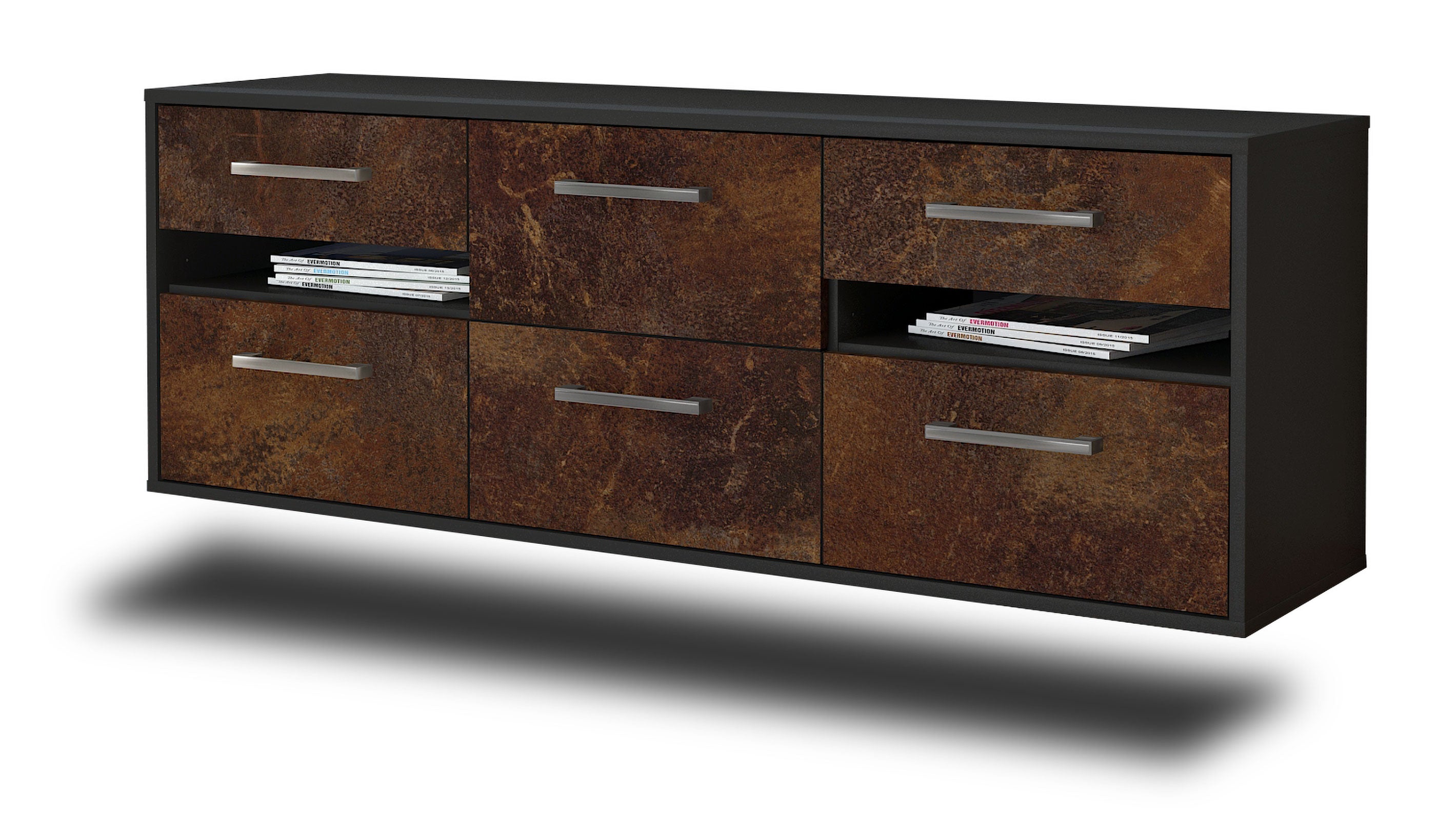 Lowboard - Andrea - Design Industrie Stil - Wandmontage mit Griffe 136 cm Anthrazit