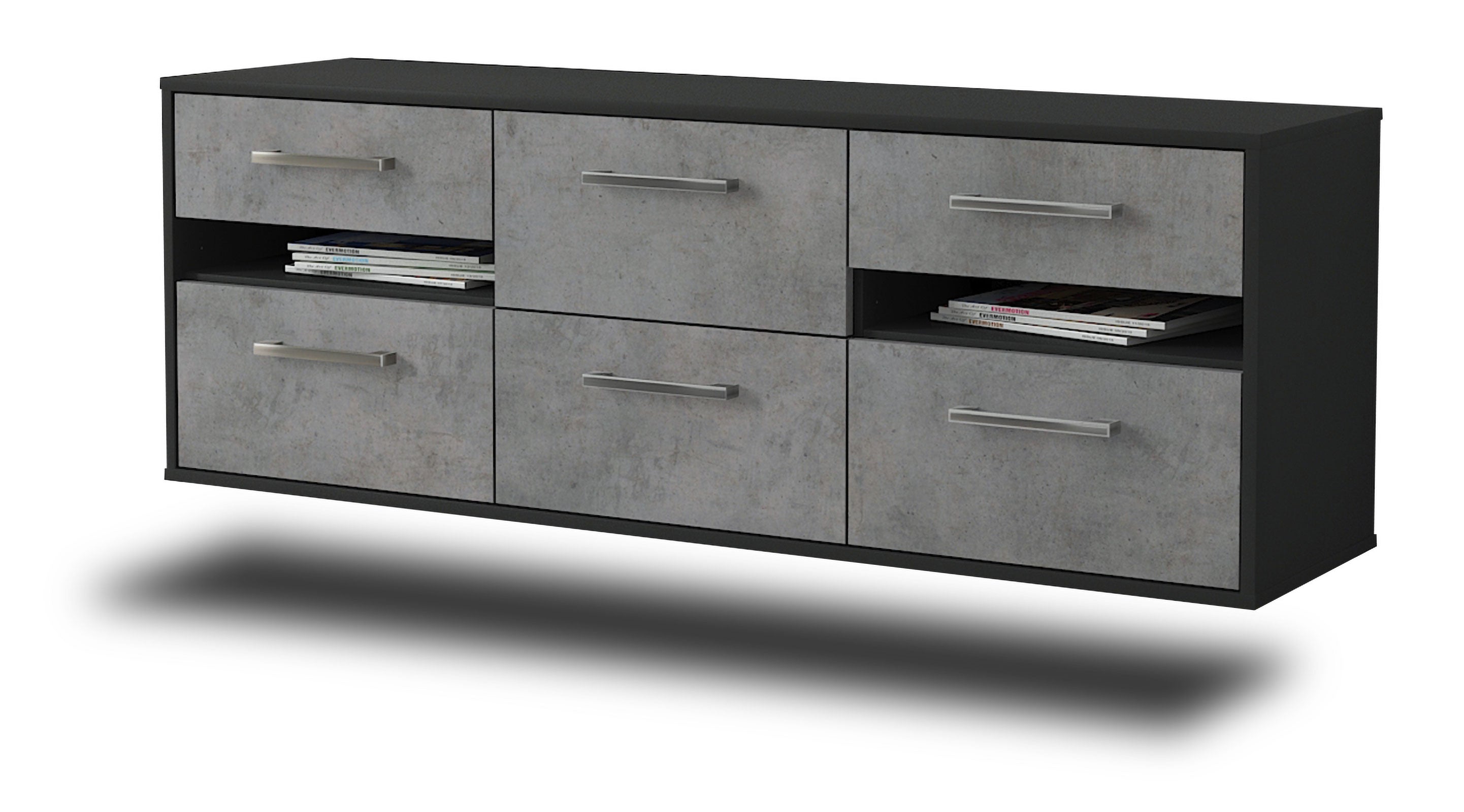 Lowboard - Andrea - Design Industrie Stil - Wandmontage mit Griffe 136 cm Anthrazit