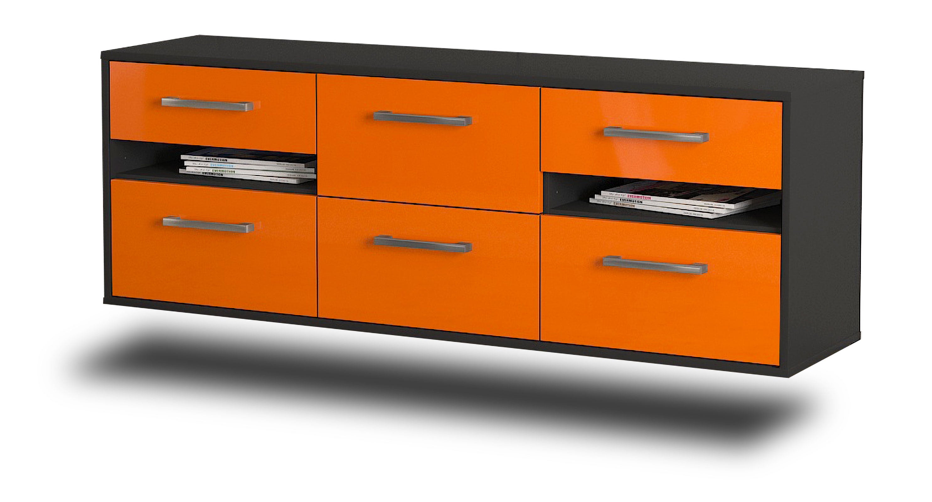 Lowboard - Andrea - Design Hochglanz - Wandmontage mit Griffe 136 cm Anthrazit