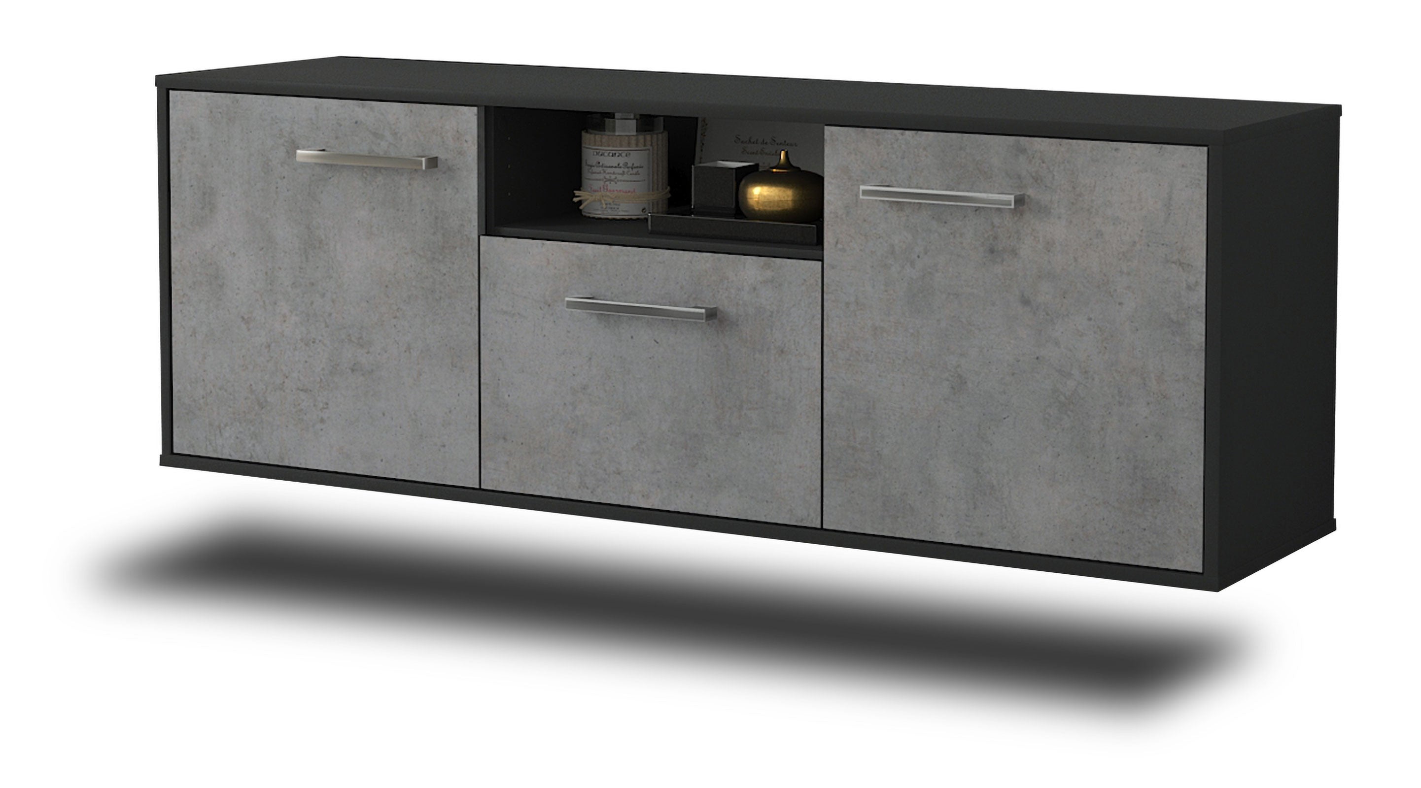 Lowboard - Andreana - Design Industrie Stil - Wandmontage mit Griffe 136 cm Anthrazit