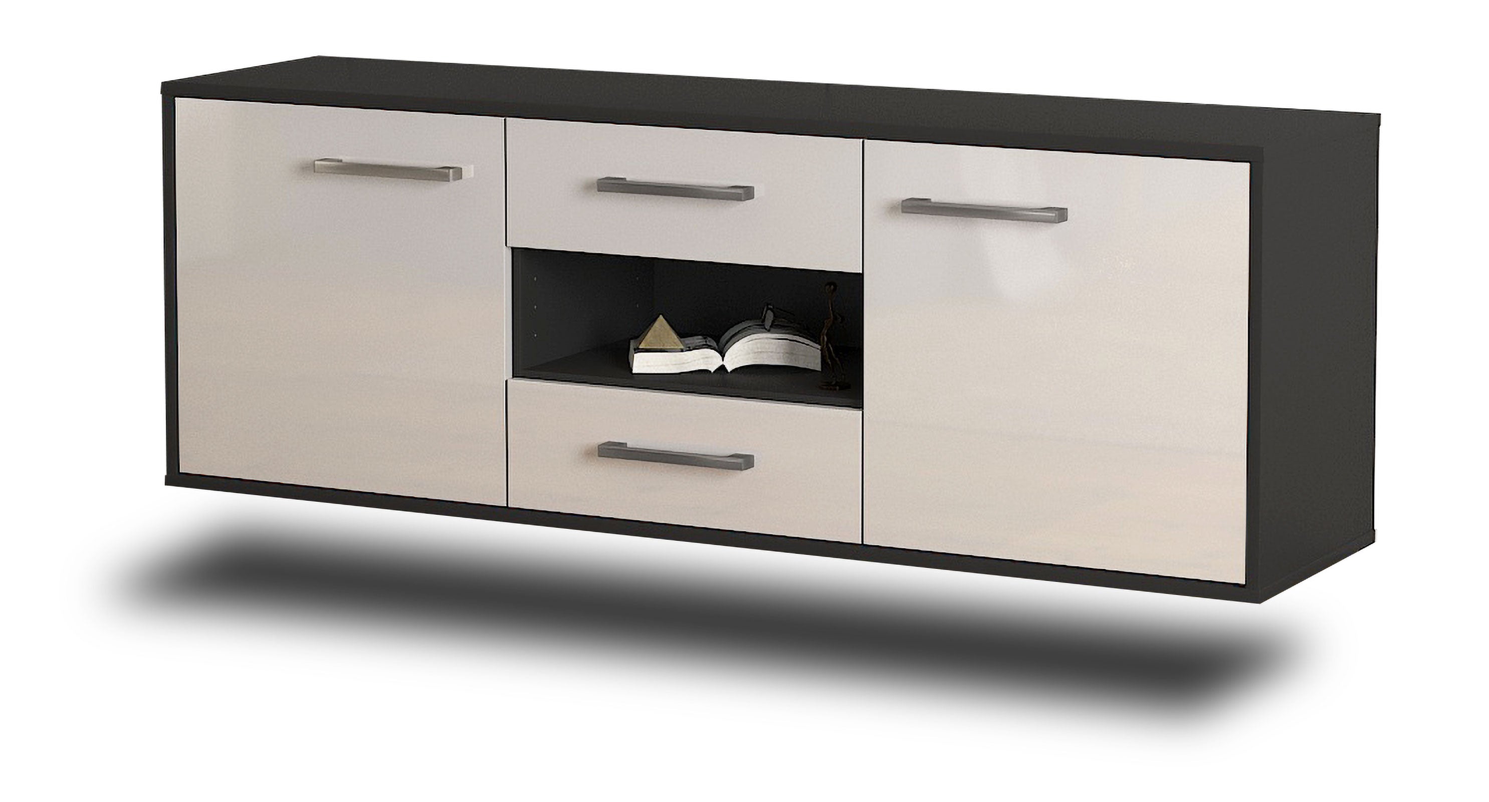 Lowboard - Antonella - Design Hochglanz - Wandmontage mit Griffe 136 cm Anthrazit