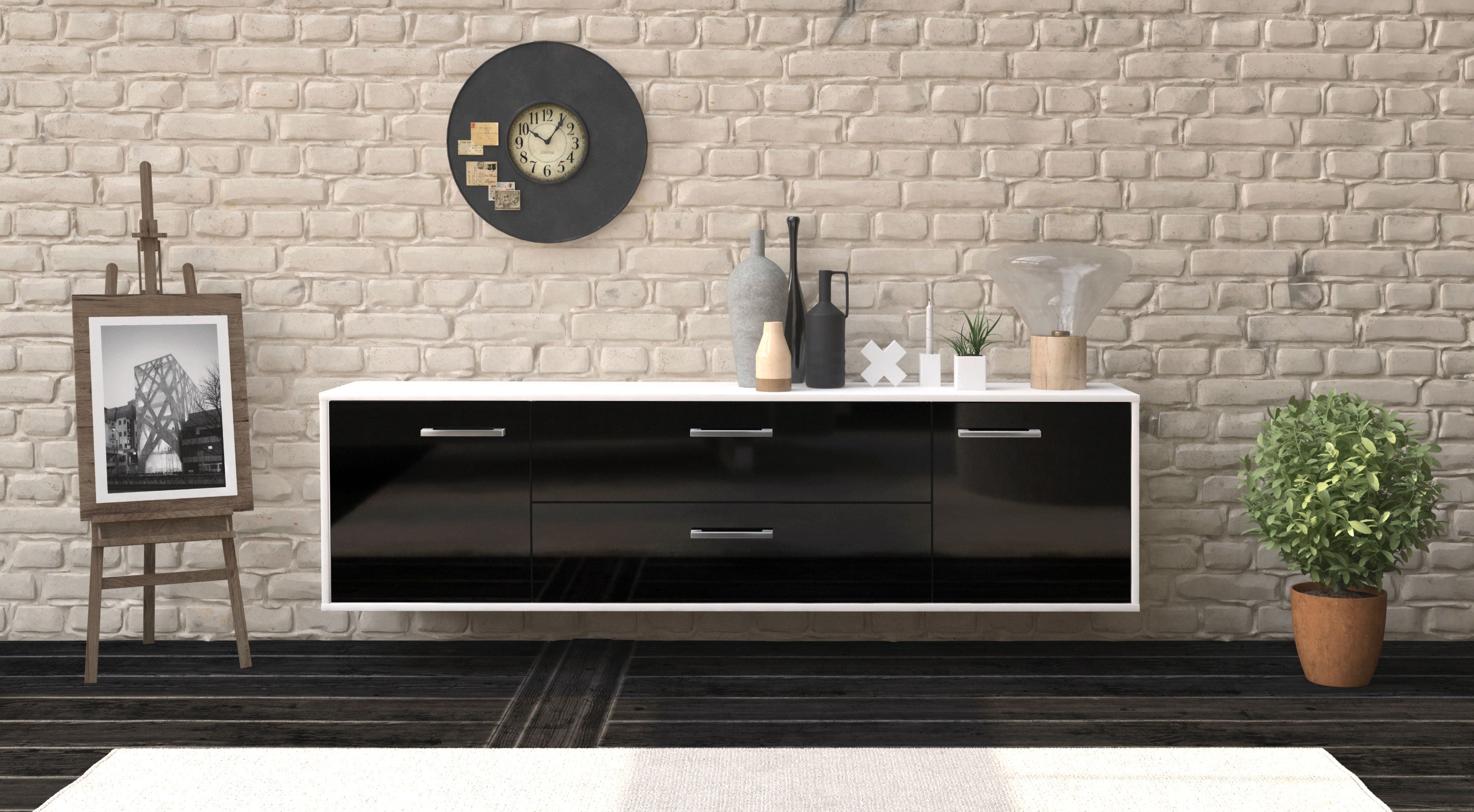 Lowboard - Aquilina - Design Hochglanz - Wandmontage mit Griffe 180 cm Weiss