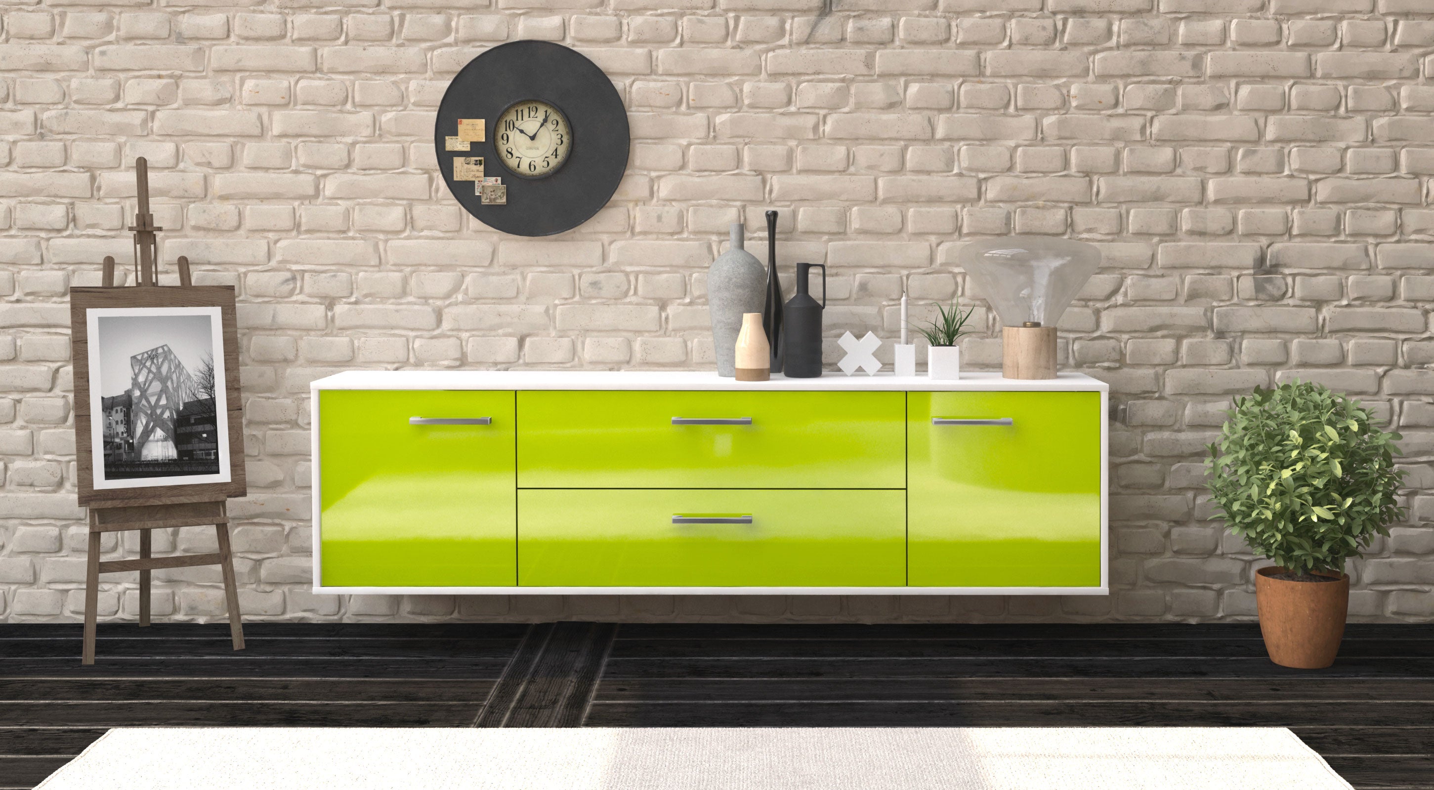 Lowboard - Aquilina - Design Hochglanz - Wandmontage mit Griffe 180 cm Weiss