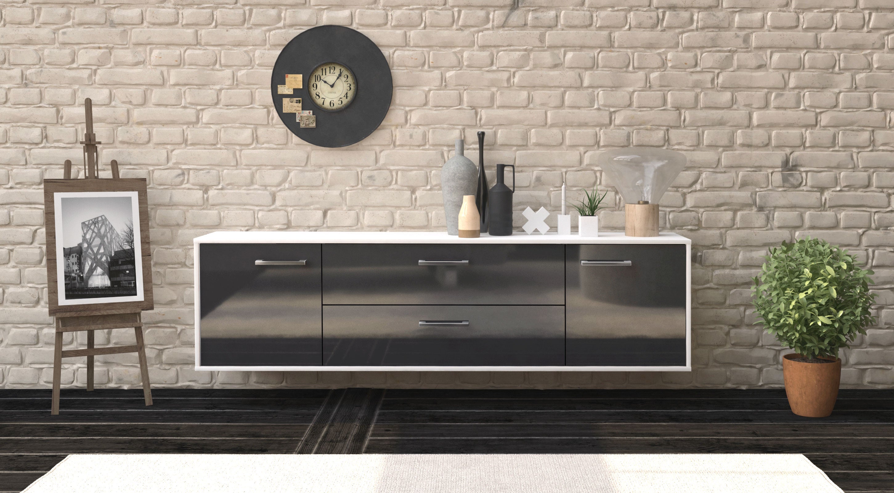 Lowboard - Aquilina - Design Hochglanz - Wandmontage mit Griffe 180 cm Weiss