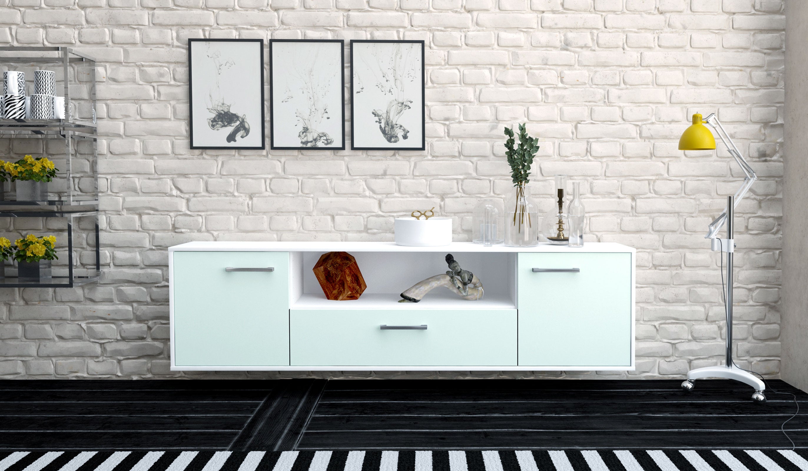 Lowboard - Arbnora - Design Farbakzent - Wandmontage mit Griffe 180 cm Weiss