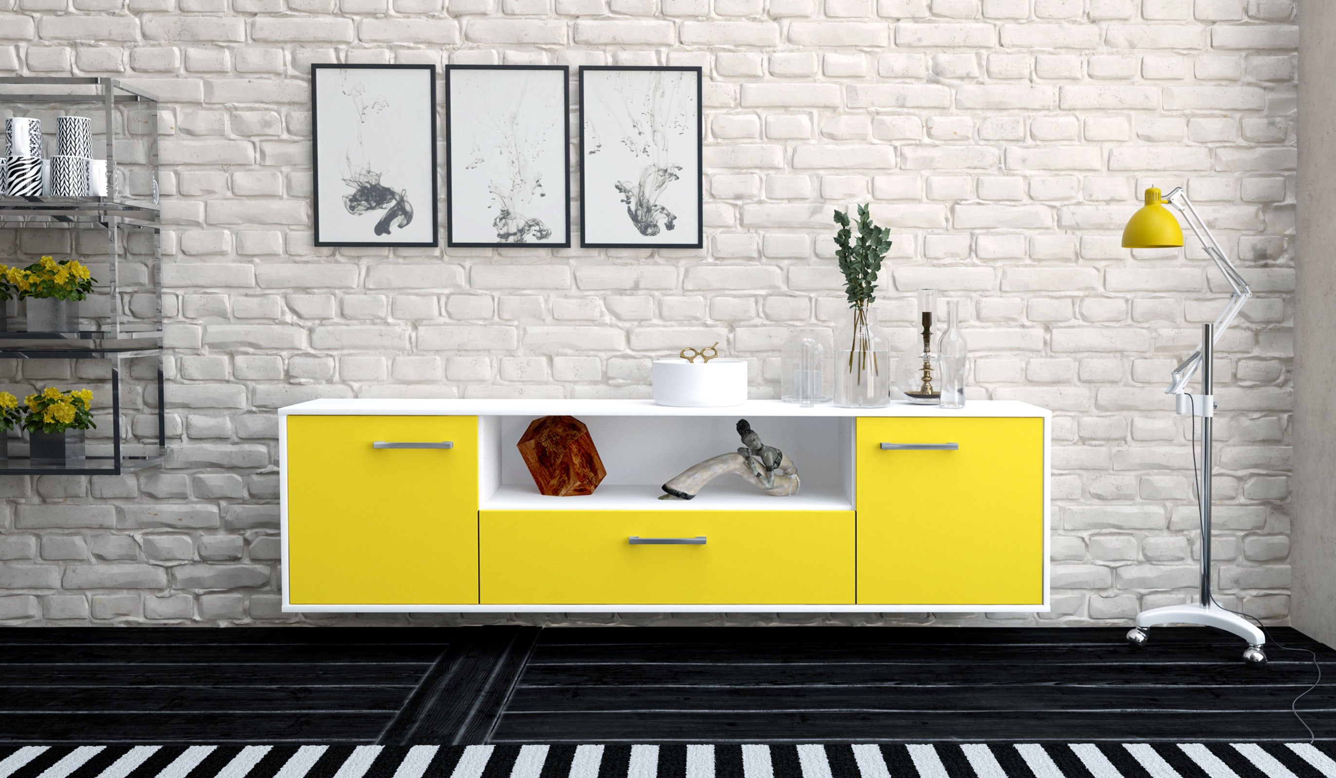 Lowboard - Arbnora - Design Farbakzent - Wandmontage mit Griffe 180 cm Weiss