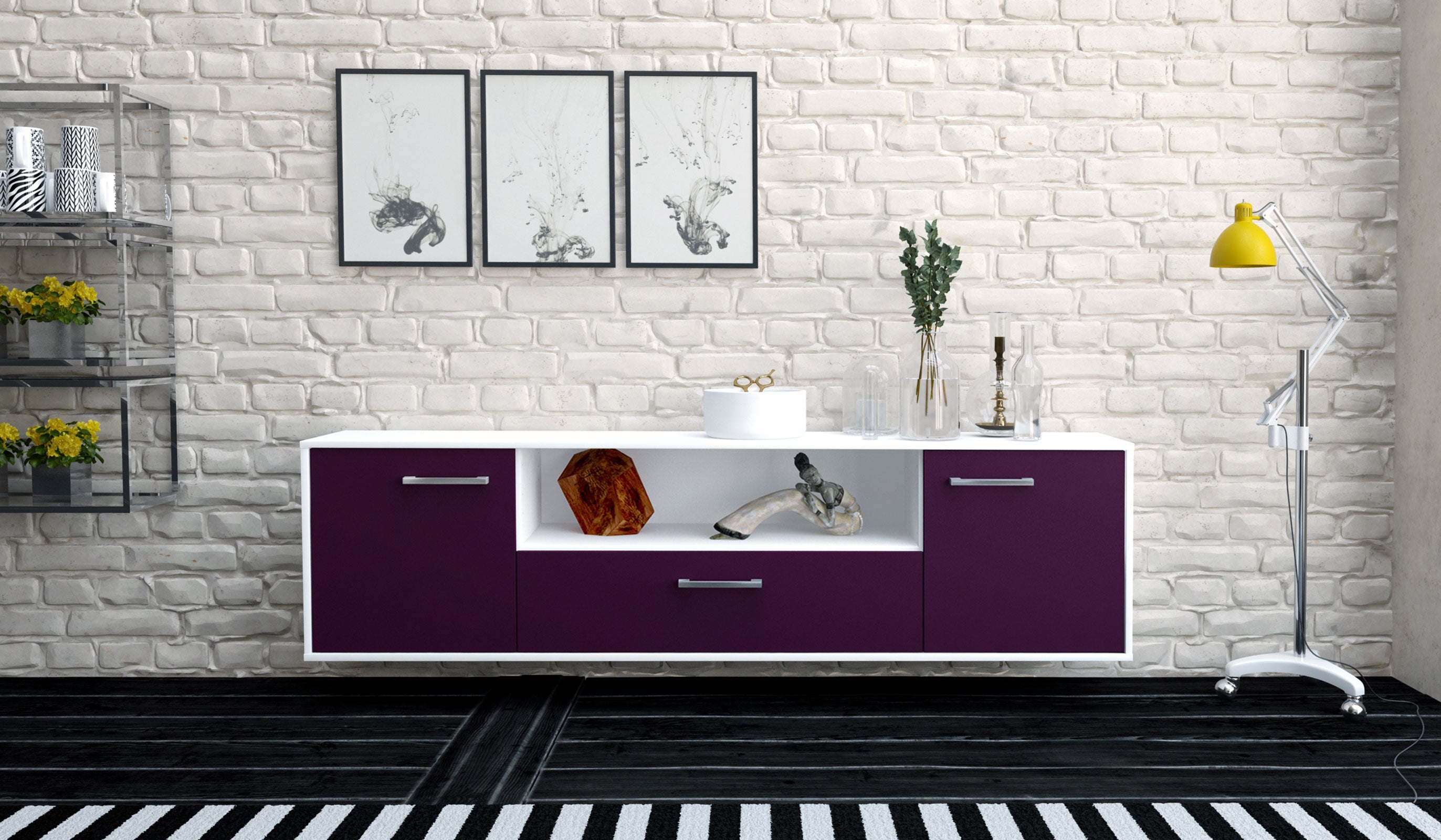 Lowboard - Arbnora - Design Farbakzent - Wandmontage mit Griffe 180 cm Weiss