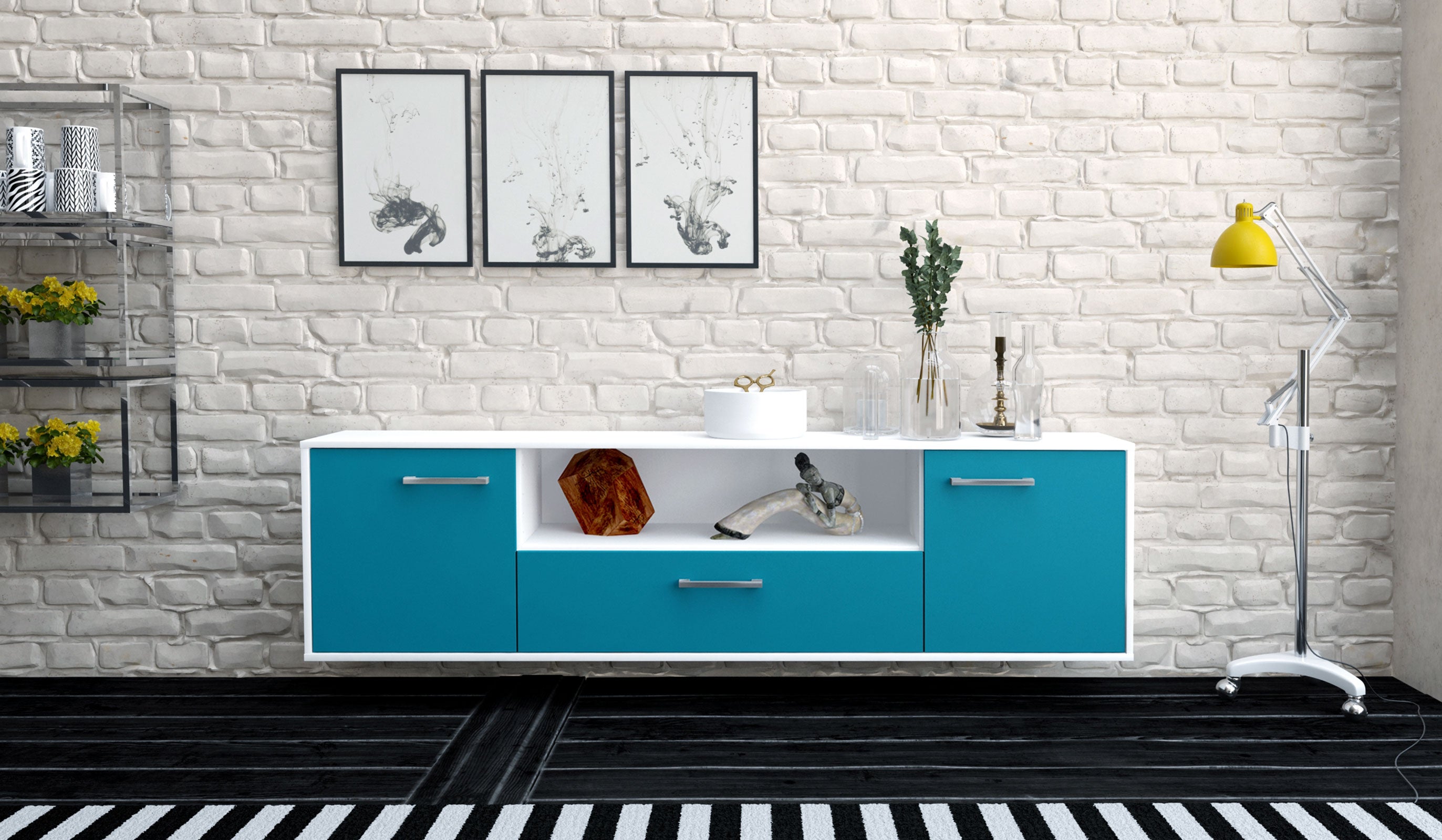 Lowboard - Arbnora - Design Farbakzent - Wandmontage mit Griffe 180 cm Weiss
