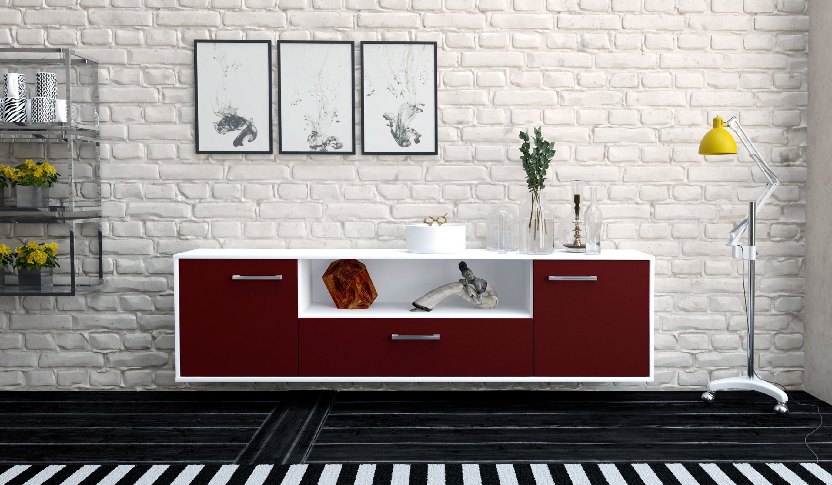 Lowboard - Arbnora - Design Farbakzent - Wandmontage mit Griffe 180 cm Weiss