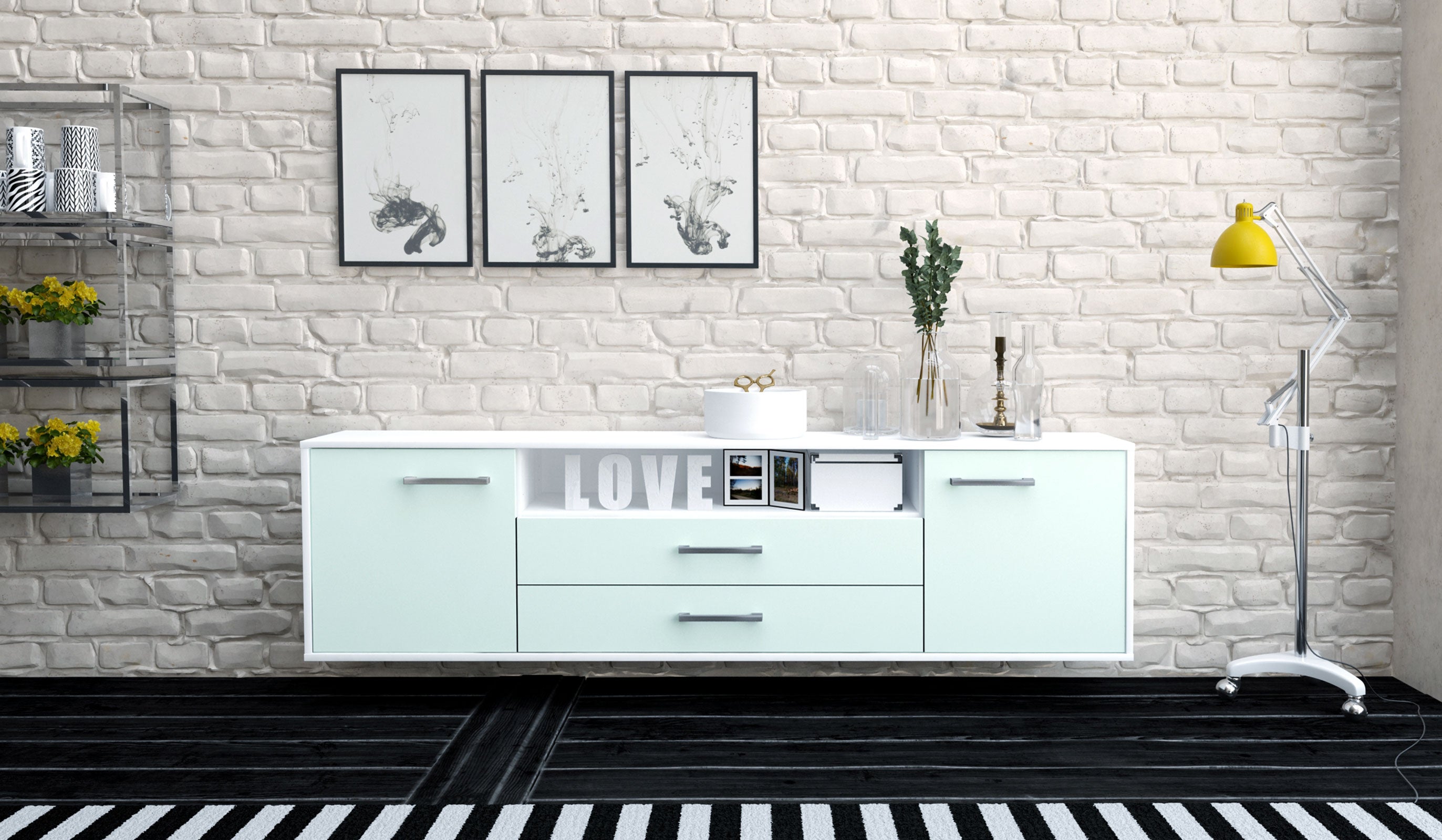 Lowboard - Armanda - Design Farbakzent - Wandmontage mit Griffe 180 cm Weiss