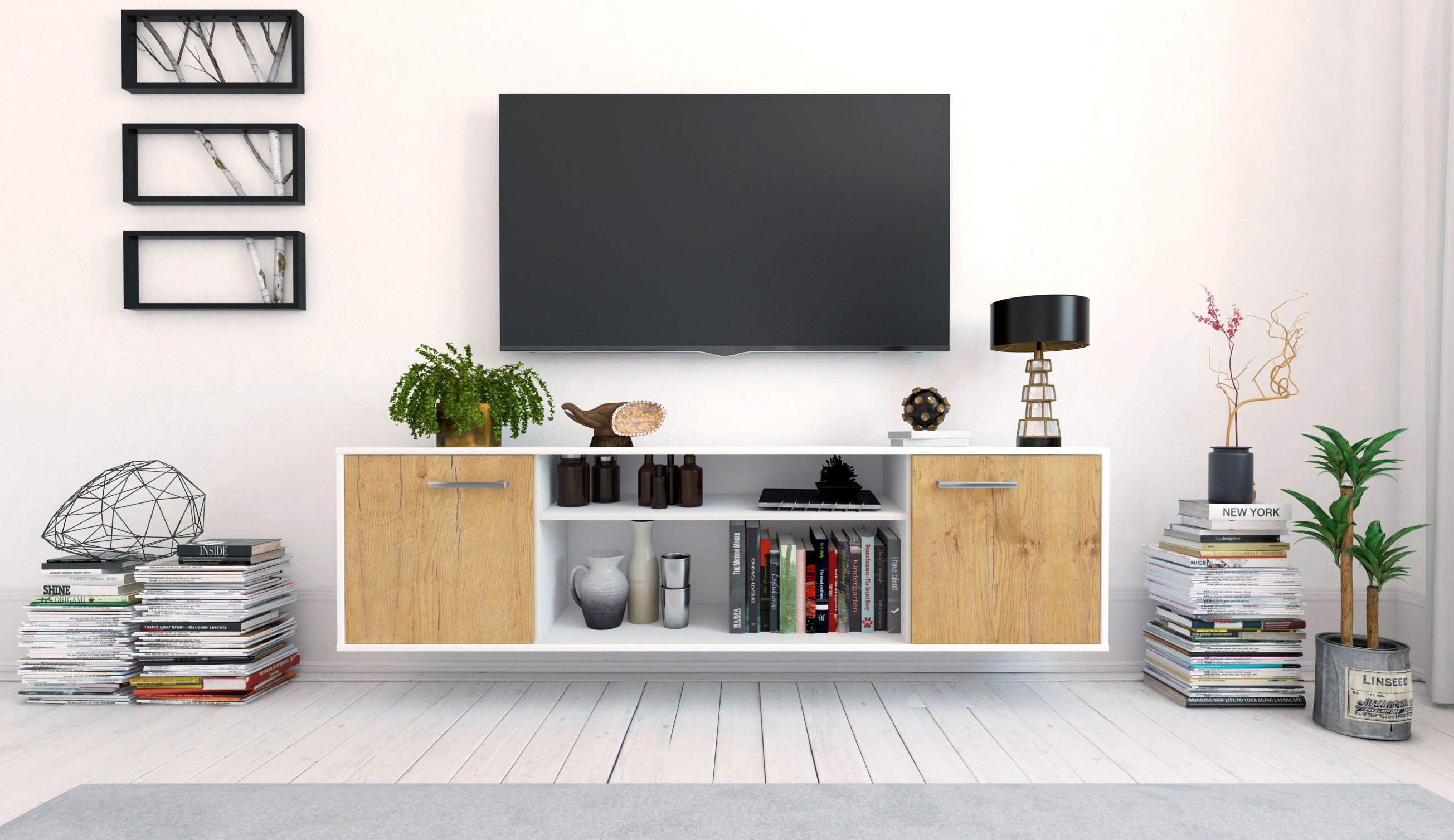 Lowboard - Asia - Design Holzdekor - Wandmontage mit Griffe 180 cm Weiss