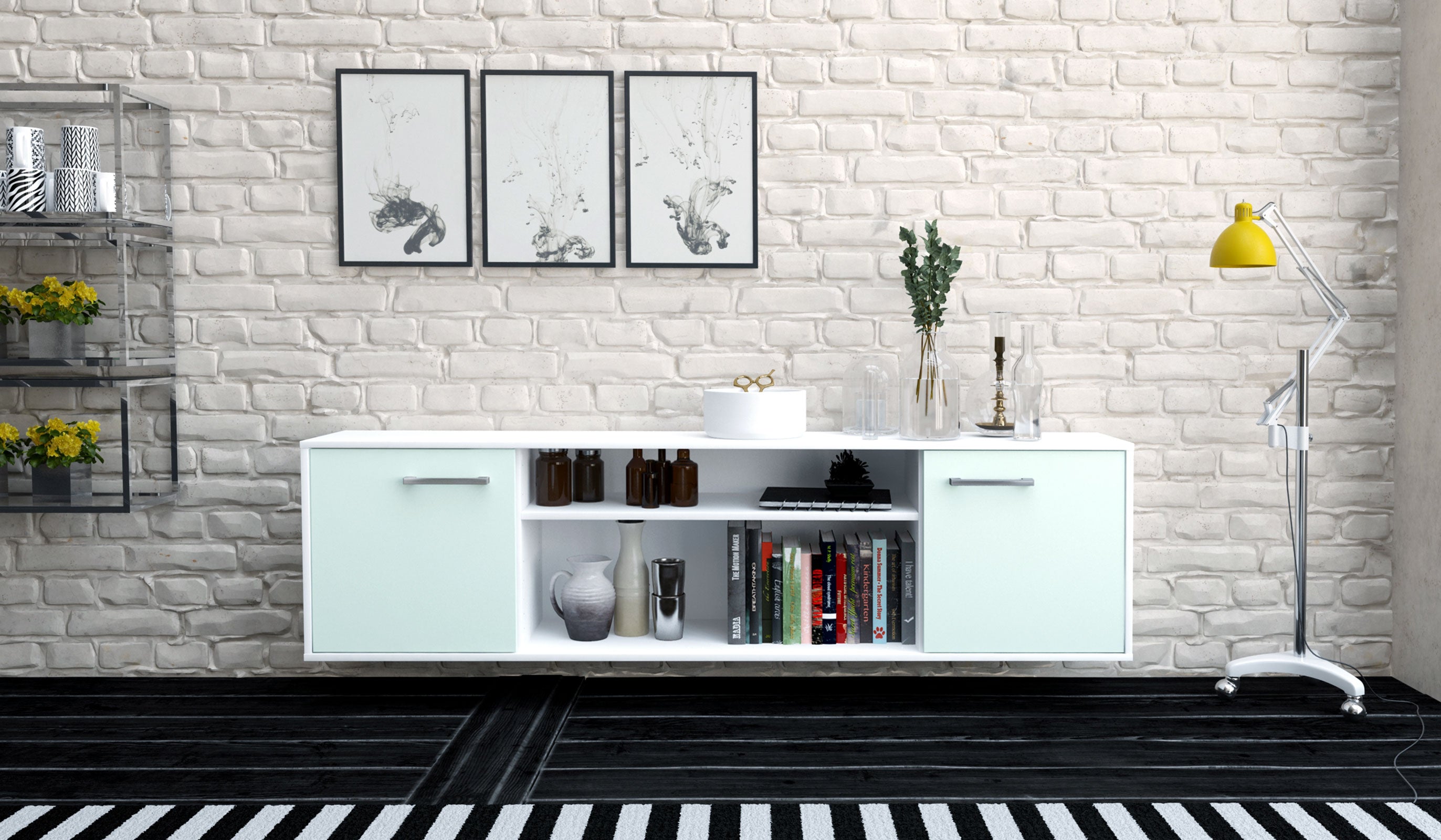 Lowboard - Asia - Design Farbakzent - Wandmontage mit Griffe 180 cm Weiss