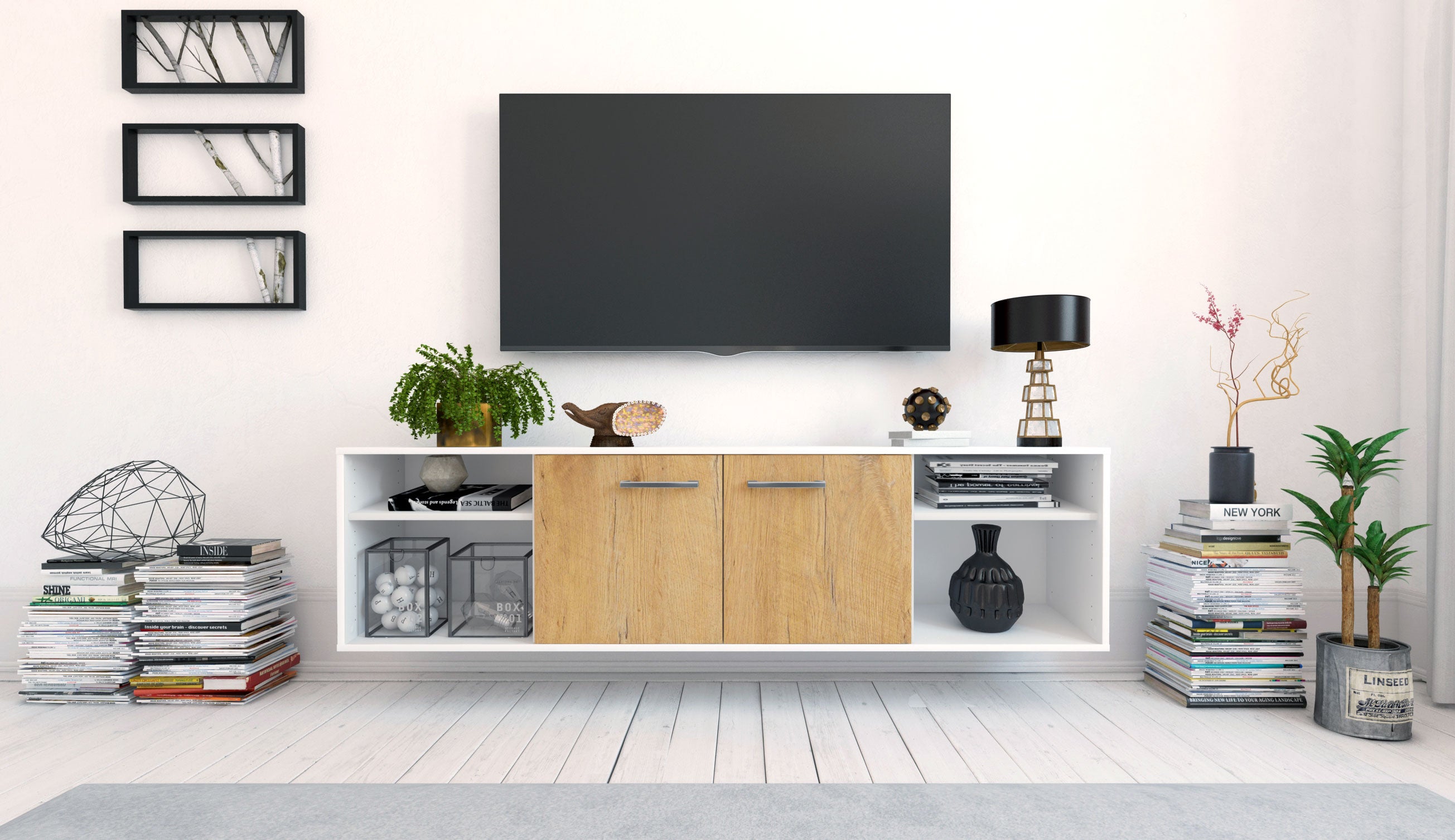 Lowboard - Asimo - Design Holzdekor - Wandmontage mit Griffe 180 cm Weiss