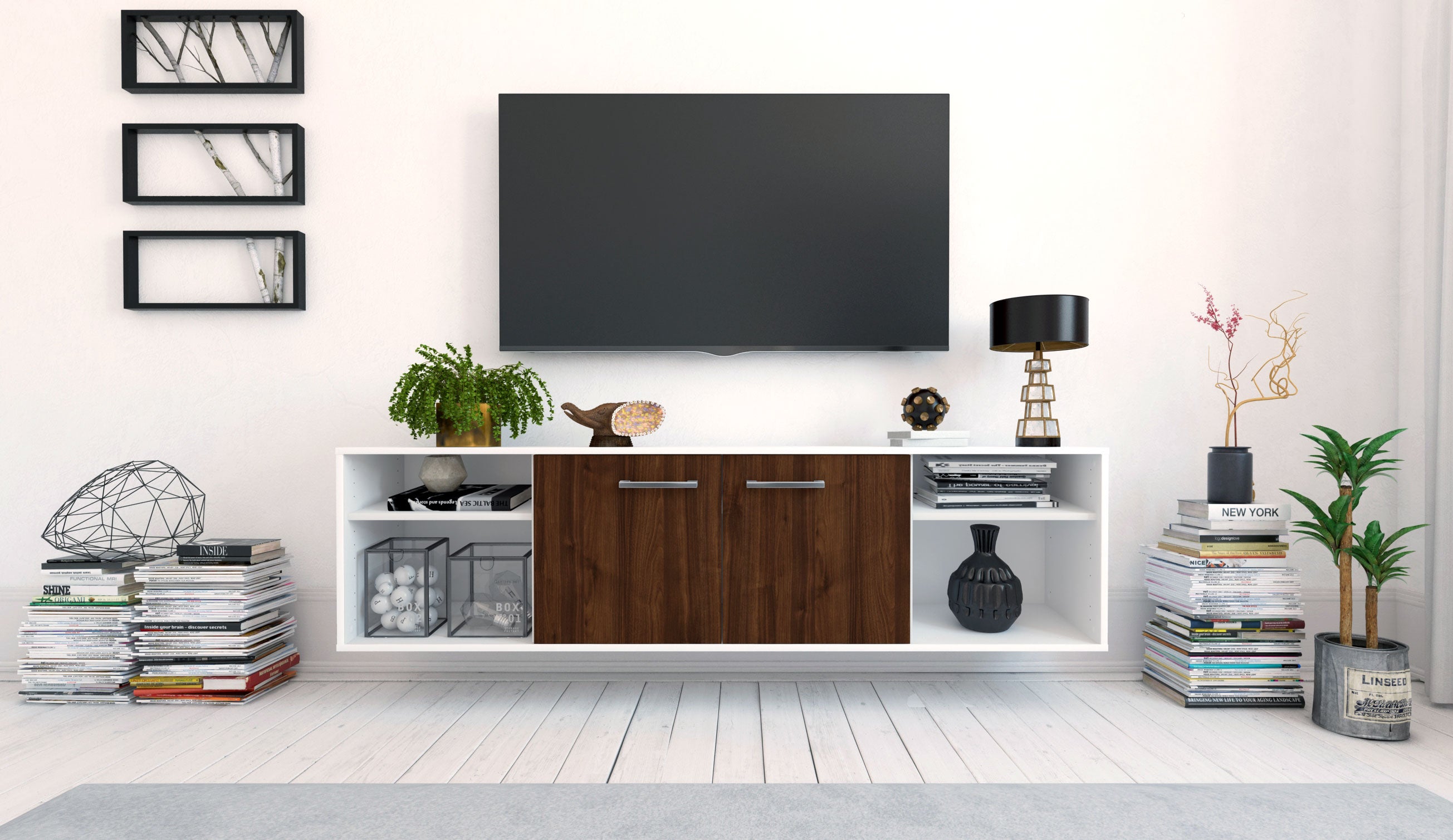 Lowboard - Asimo - Design Holzdekor - Wandmontage mit Griffe 180 cm Weiss