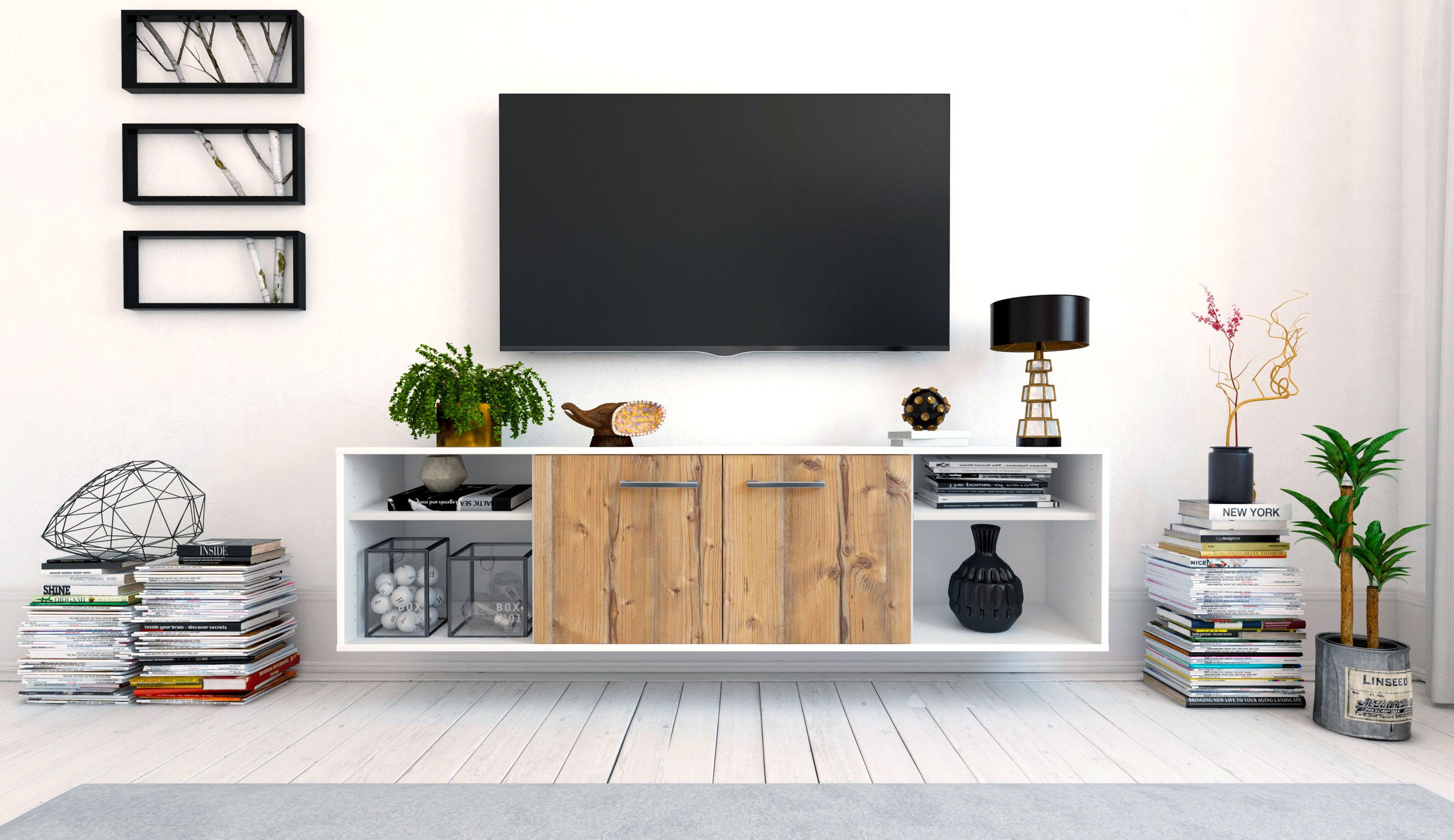 Lowboard - Asimo - Design Holzdekor - Wandmontage mit Griffe 180 cm Weiss