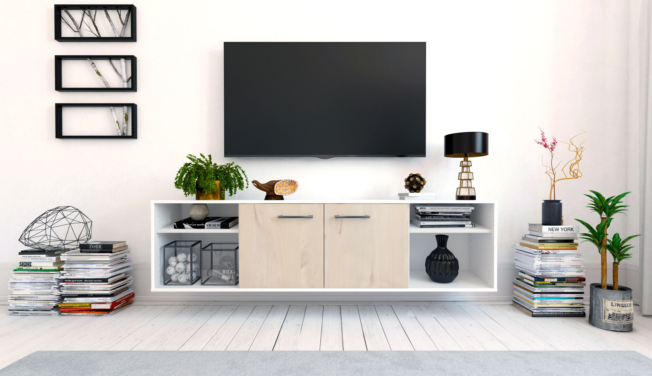 Lowboard - Asimo - Design Holzdekor - Wandmontage mit Griffe 180 cm Weiss