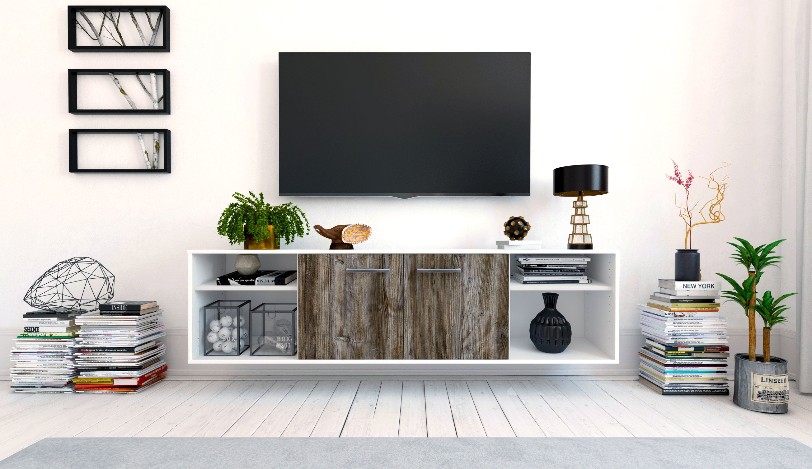 Lowboard - Asimo - Design Holzdekor - Wandmontage mit Griffe 180 cm Weiss
