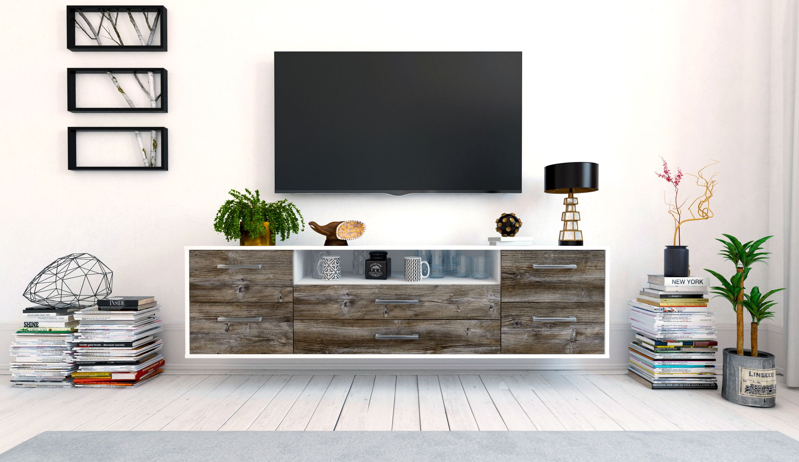 Lowboard - Aurora - Design Holzdekor - Wandmontage mit Griffe 180 cm Weiss