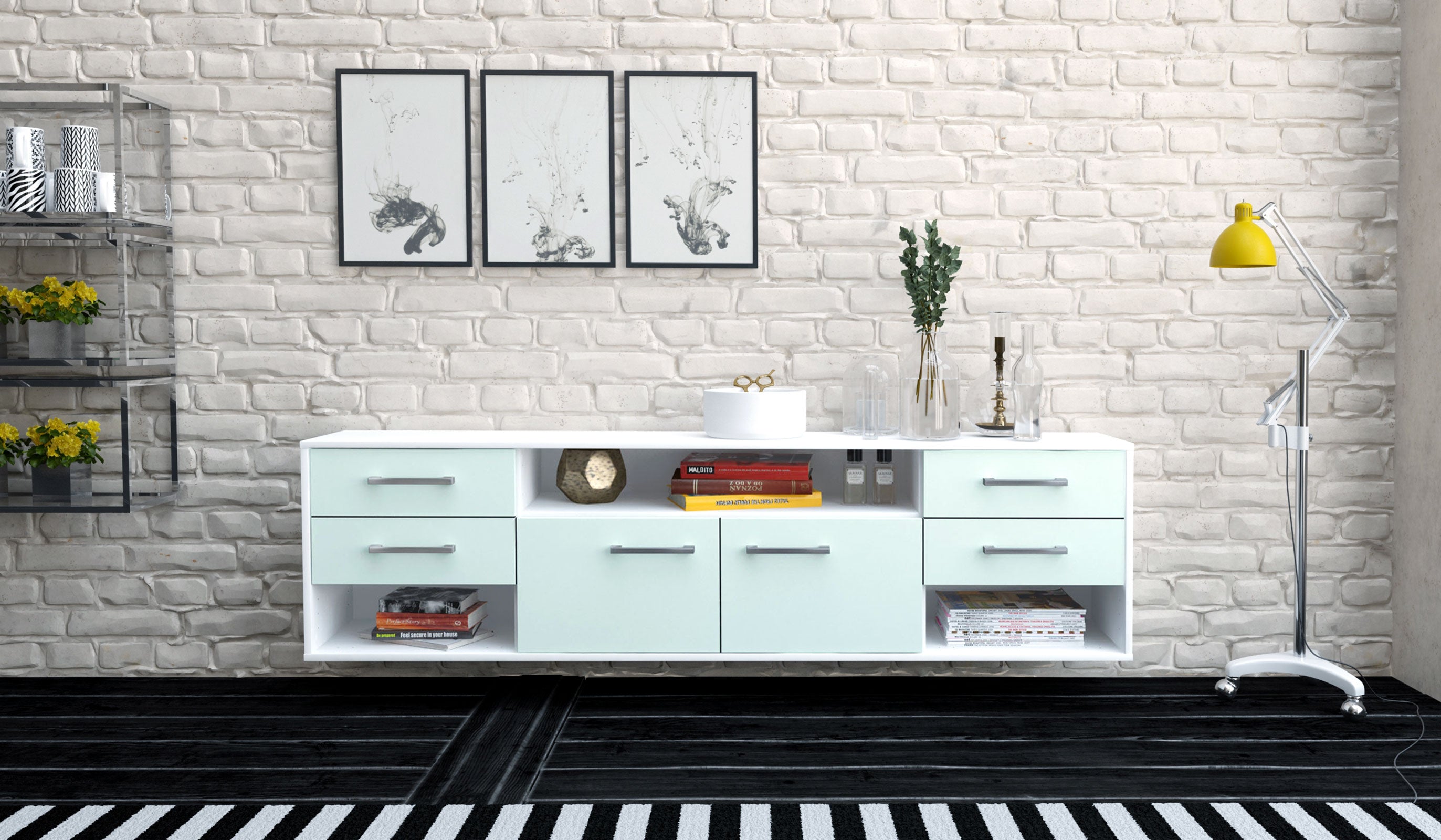 Lowboard - Barbara - Design Farbakzent - Wandmontage mit Griffe 180 cm Weiss