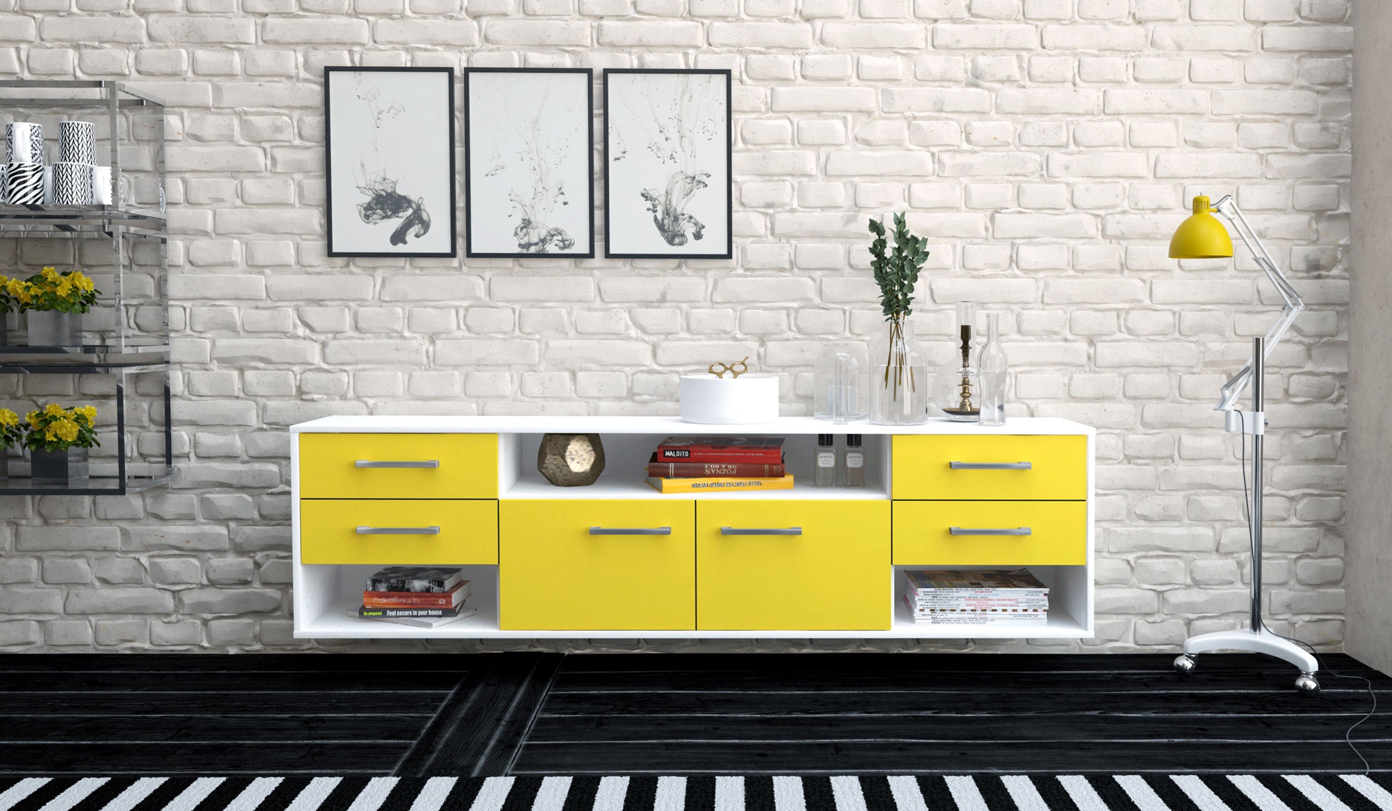 Lowboard - Barbara - Design Farbakzent - Wandmontage mit Griffe 180 cm Weiss
