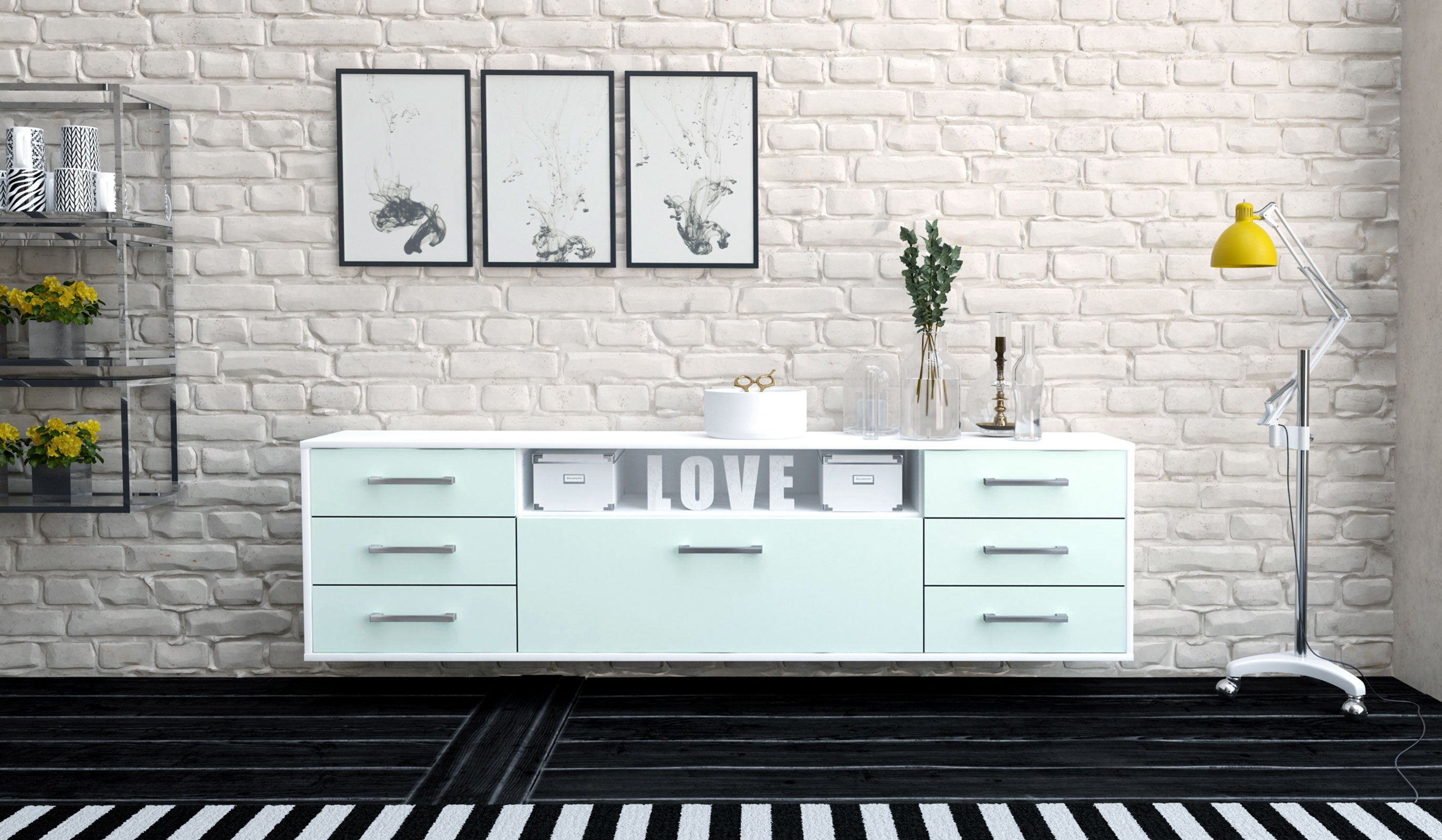 Lowboard - Beatrice - Design Farbakzent - Wandmontage mit Griffe 180 cm Weiss