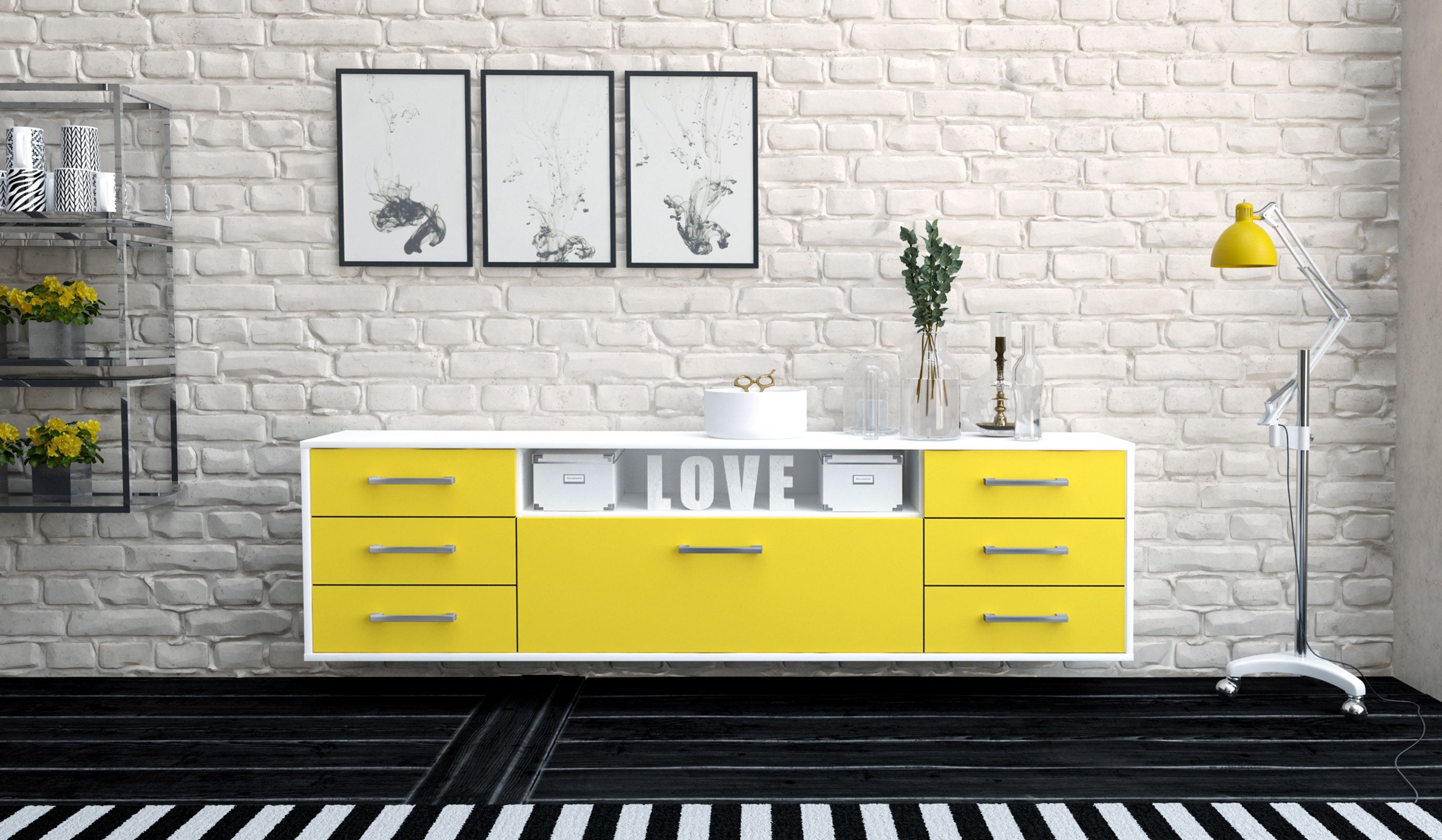 Lowboard - Beatrice - Design Farbakzent - Wandmontage mit Griffe 180 cm Weiss