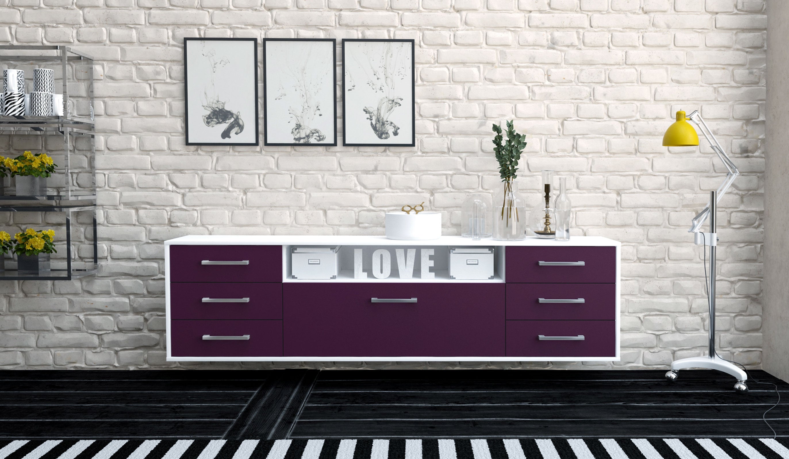 Lowboard - Beatrice - Design Farbakzent - Wandmontage mit Griffe 180 cm Weiss