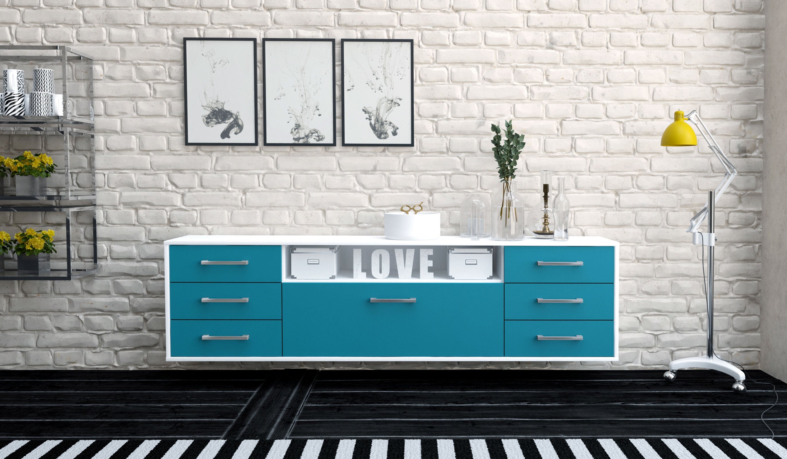 Lowboard - Beatrice - Design Farbakzent - Wandmontage mit Griffe 180 cm Weiss