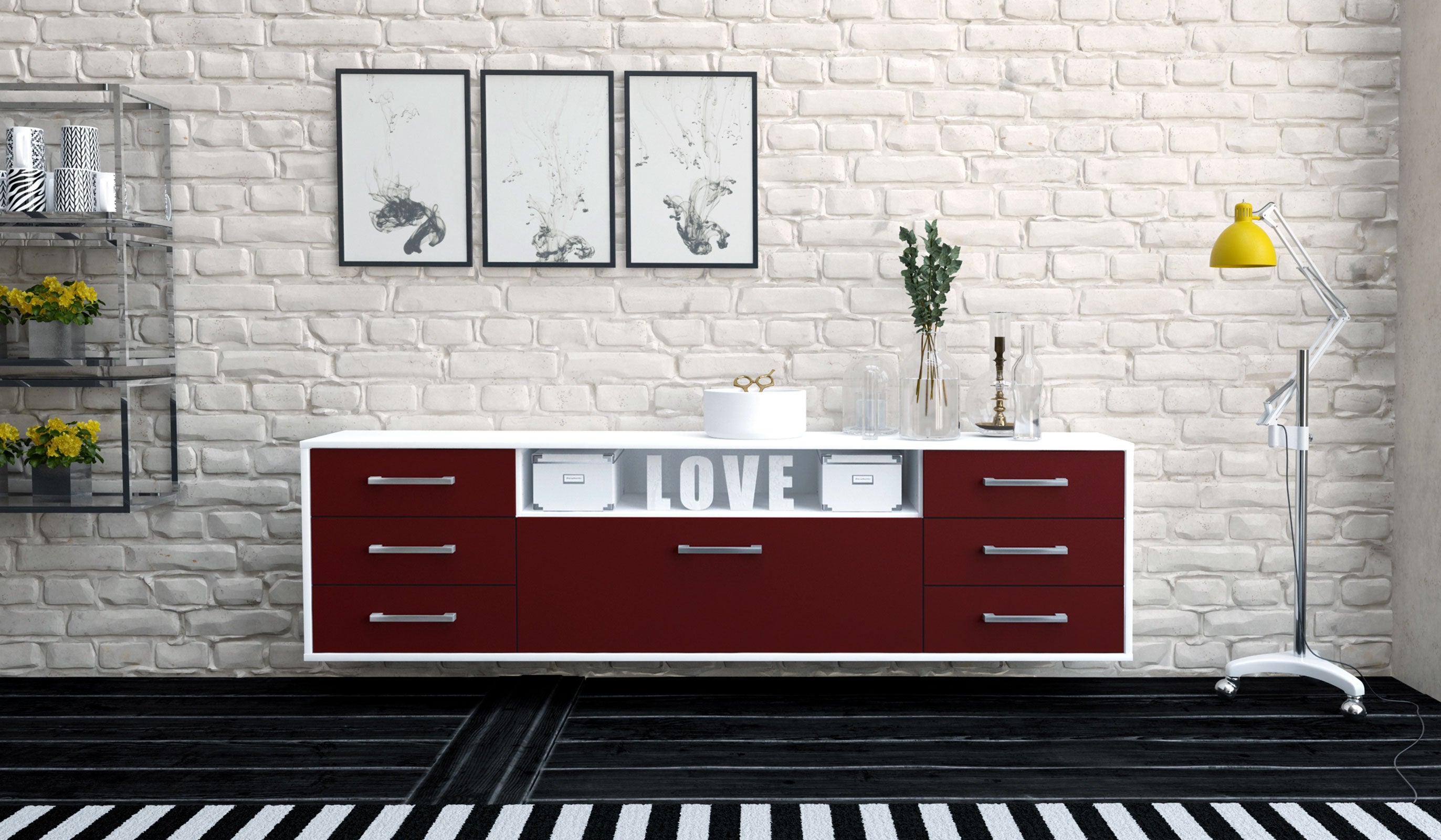 Lowboard - Beatrice - Design Farbakzent - Wandmontage mit Griffe 180 cm Weiss