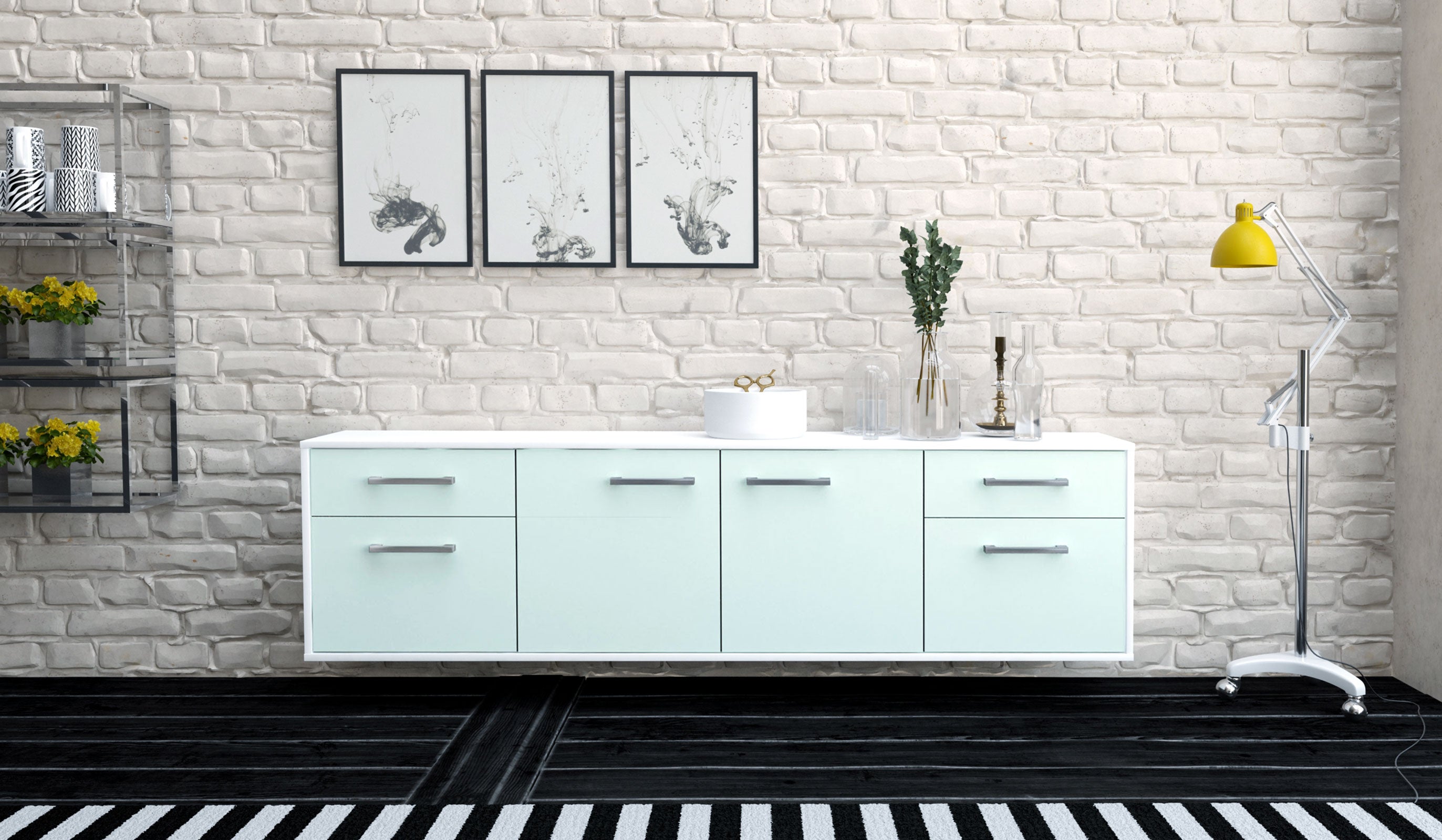 Lowboard - Benedetta - Design Farbakzent - Wandmontage mit Griffe 180 cm Weiss
