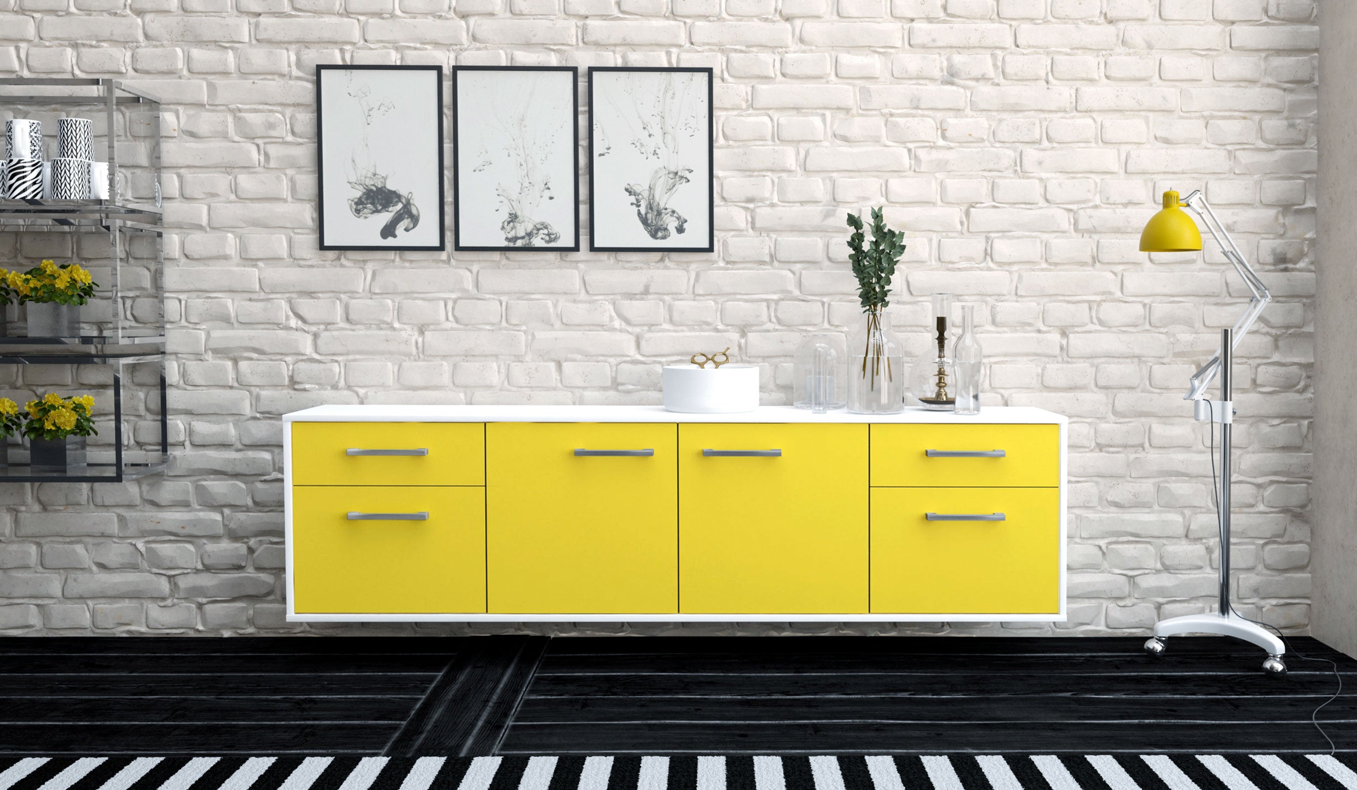 Lowboard - Benedetta - Design Farbakzent - Wandmontage mit Griffe 180 cm Weiss