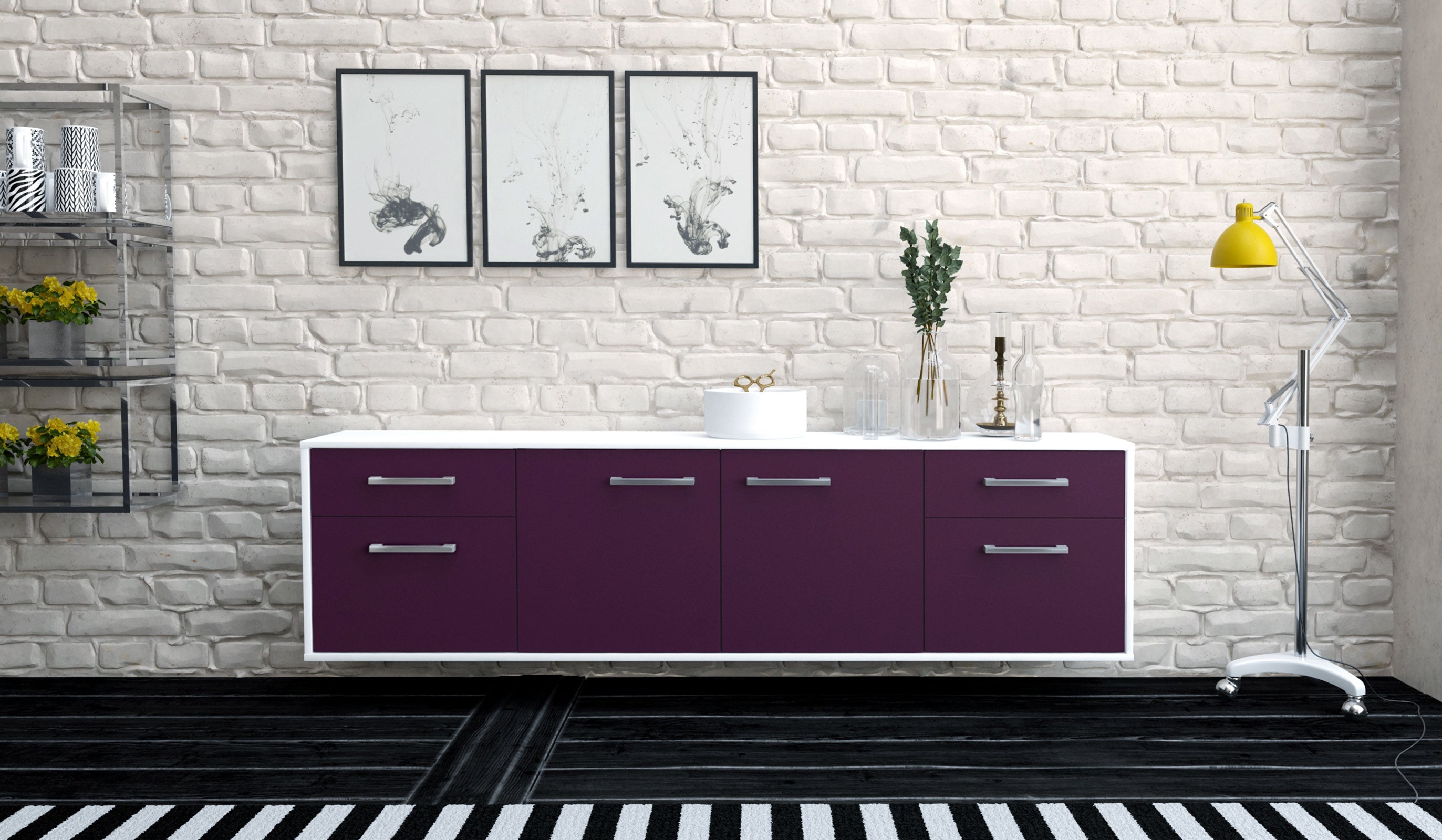 Lowboard - Benedetta - Design Farbakzent - Wandmontage mit Griffe 180 cm Weiss