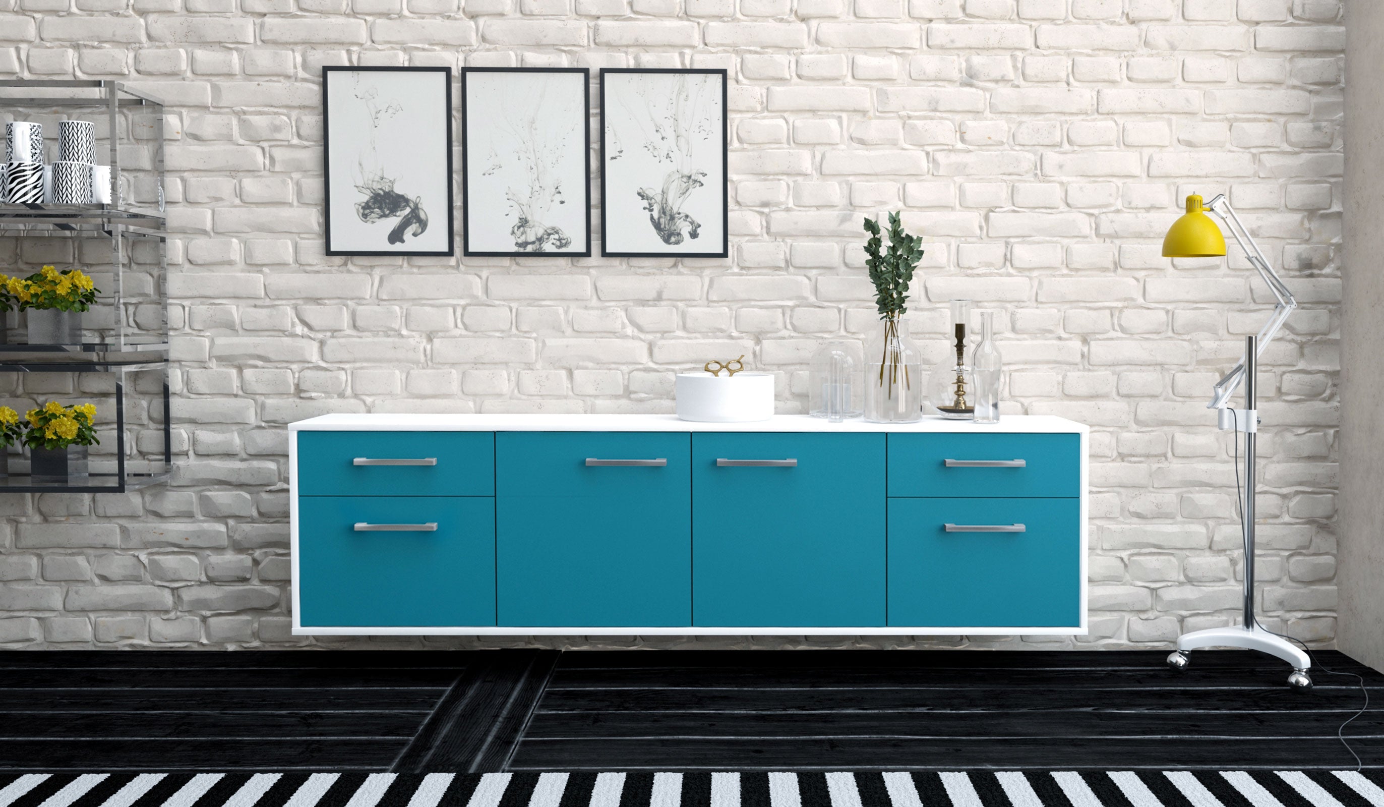 Lowboard - Benedetta - Design Farbakzent - Wandmontage mit Griffe 180 cm Weiss