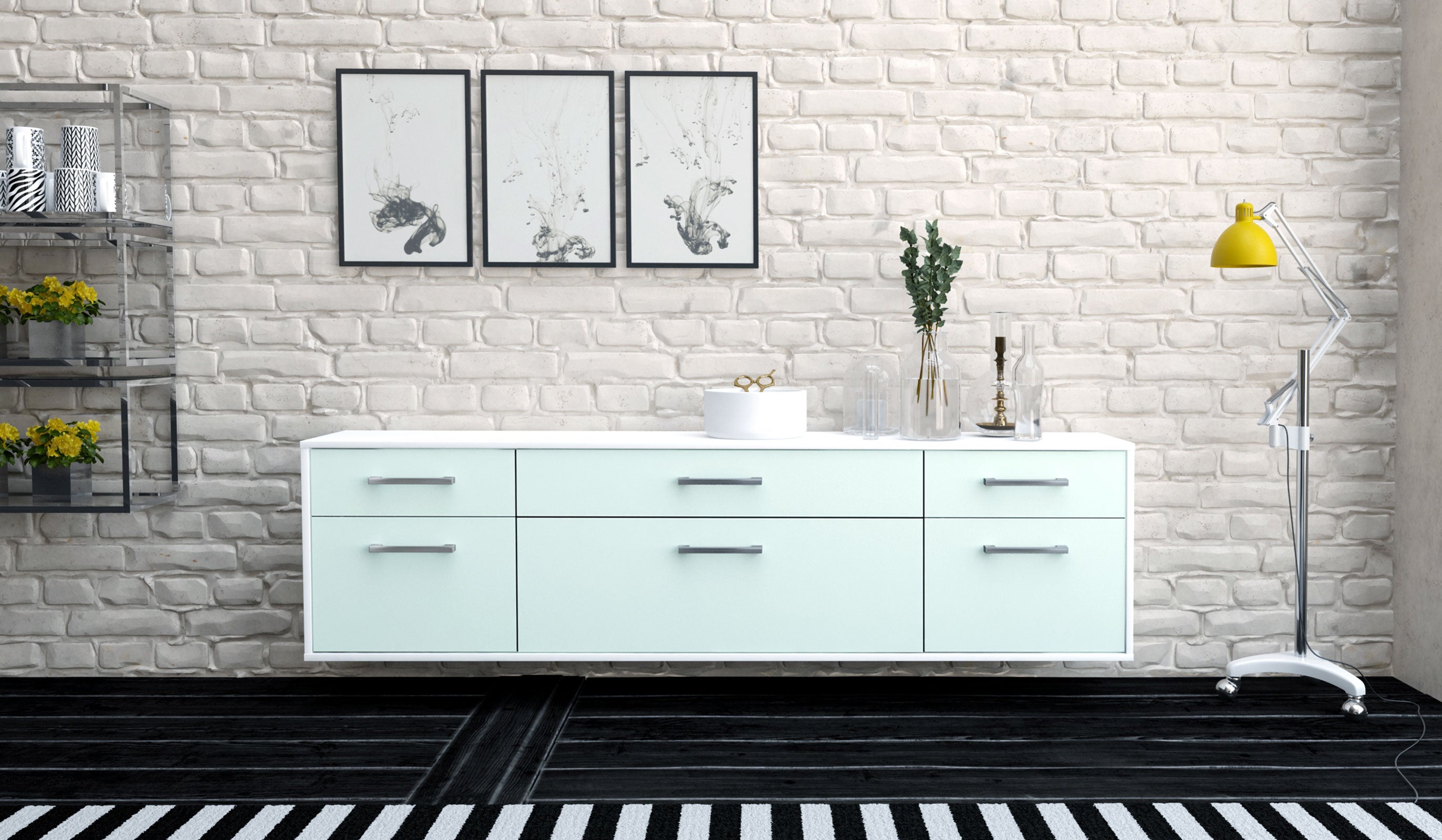 Lowboard - Beppa - Design Farbakzent - Wandmontage mit Griffe 180 cm Weiss