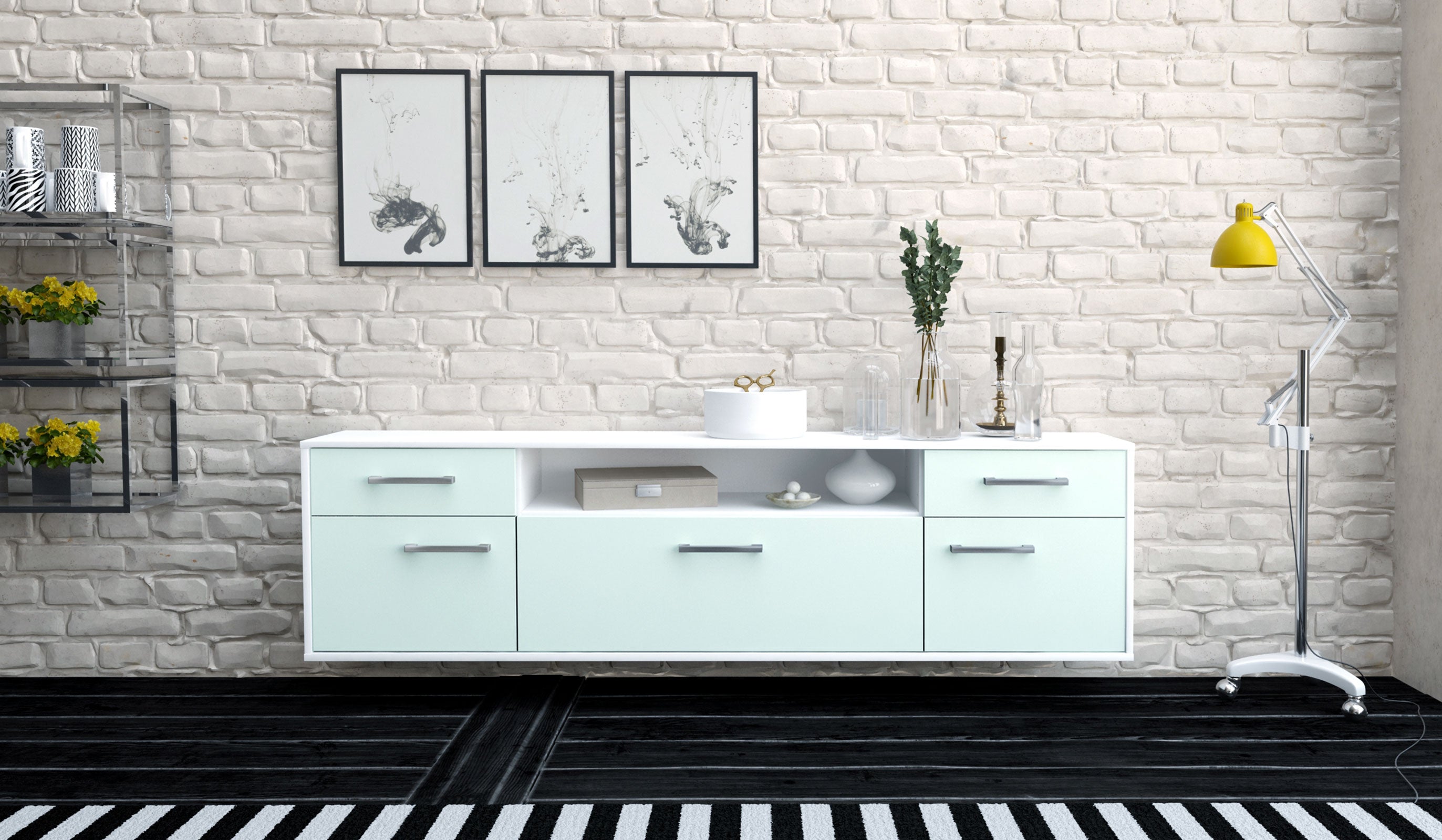 Lowboard - Bernadetta - Design Farbakzent - Wandmontage mit Griffe 180 cm Weiss
