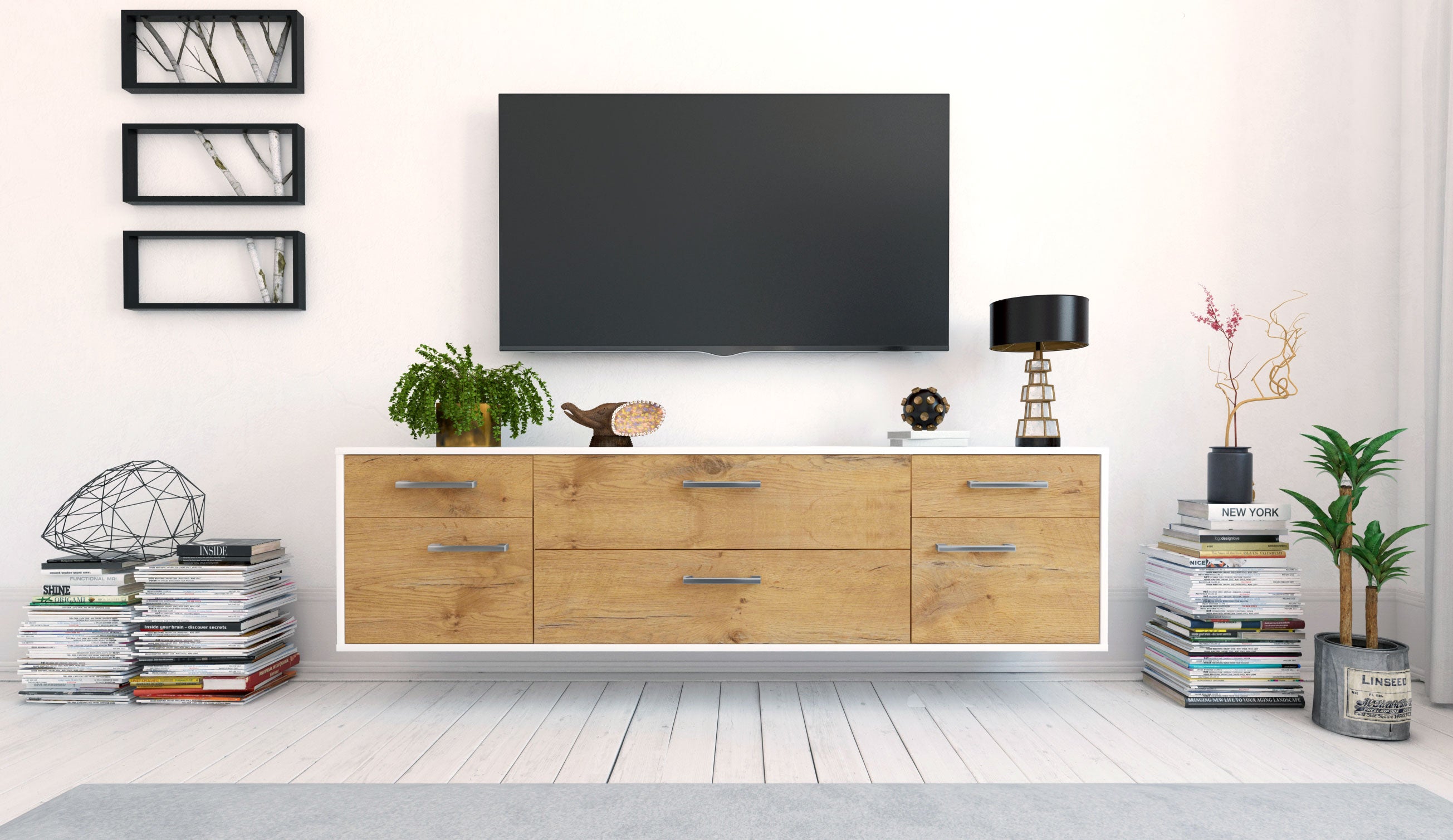 Lowboard - Bibiane - Design Holzdekor - Wandmontage mit Griffe 180 cm Weiss