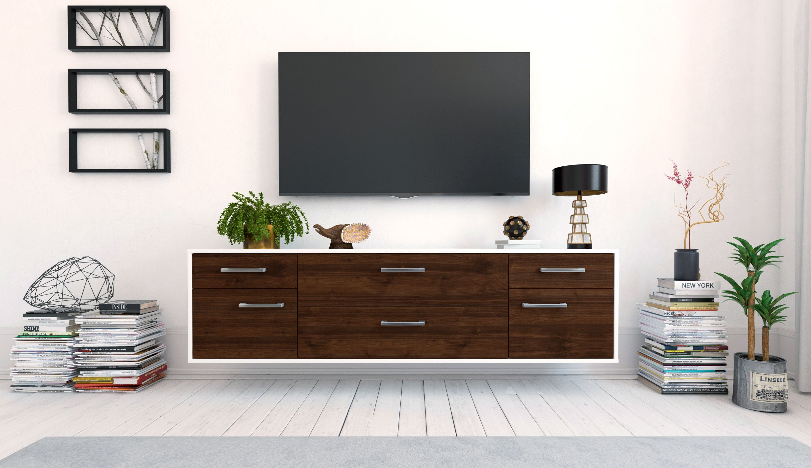 Lowboard - Bibiane - Design Holzdekor - Wandmontage mit Griffe 180 cm Weiss