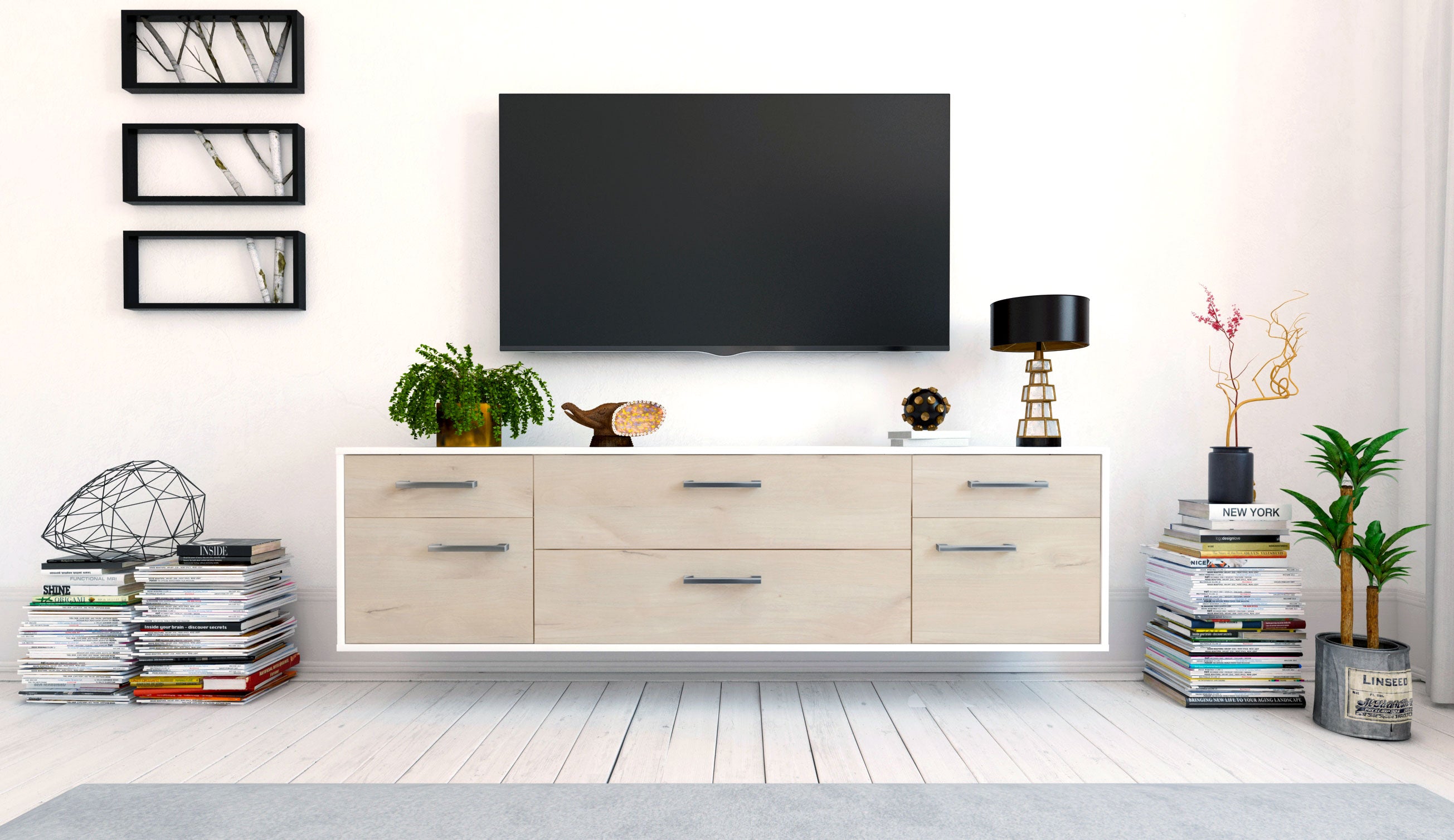 Lowboard - Bibiane - Design Holzdekor - Wandmontage mit Griffe 180 cm Weiss
