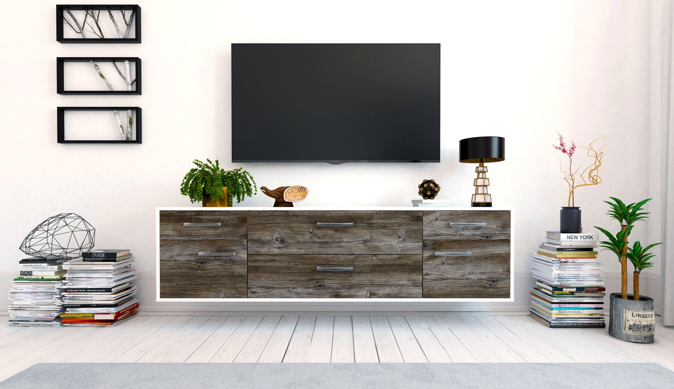 Lowboard - Bibiane - Design Holzdekor - Wandmontage mit Griffe 180 cm Weiss